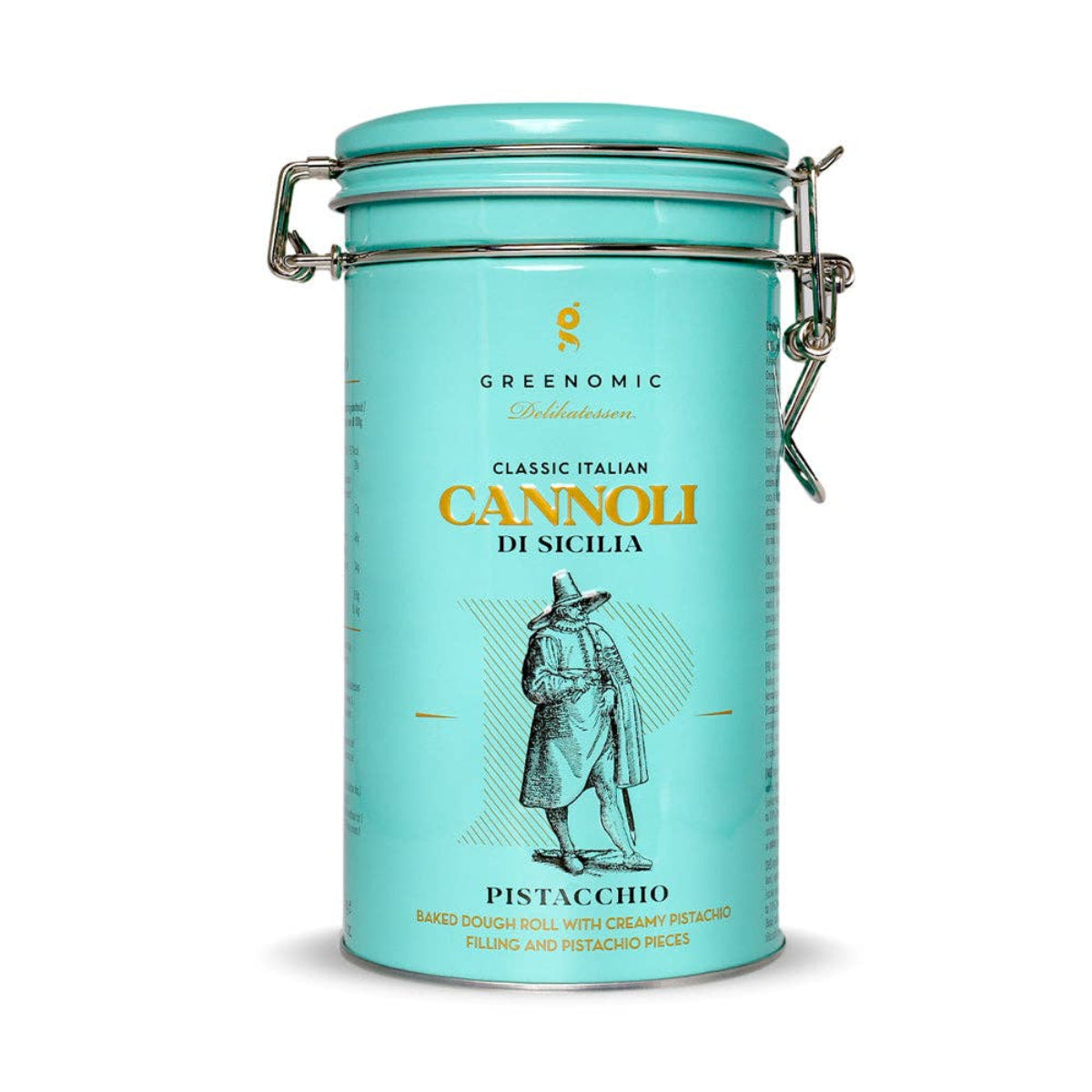 Teal canister labeled 'Greenomic Classic Italian Cannoli di Sicilia Pistacchio' on a white background