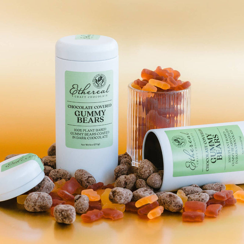 Two containers of Energetic Health Gummy Bears on a yellow background with scattered gummy bears.