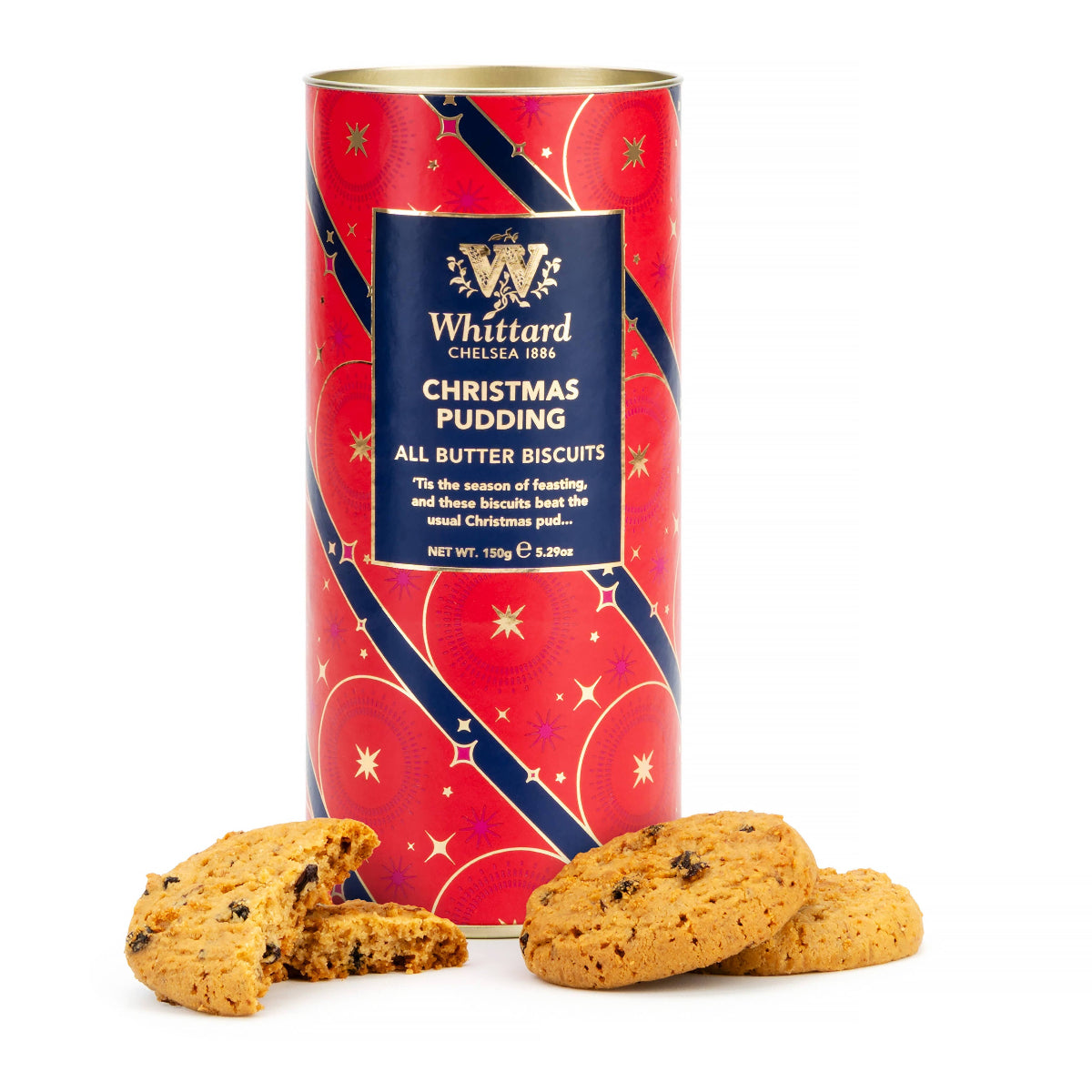 Whittard Christmas Pudding biscuits in a festive red and blue canister on a white background