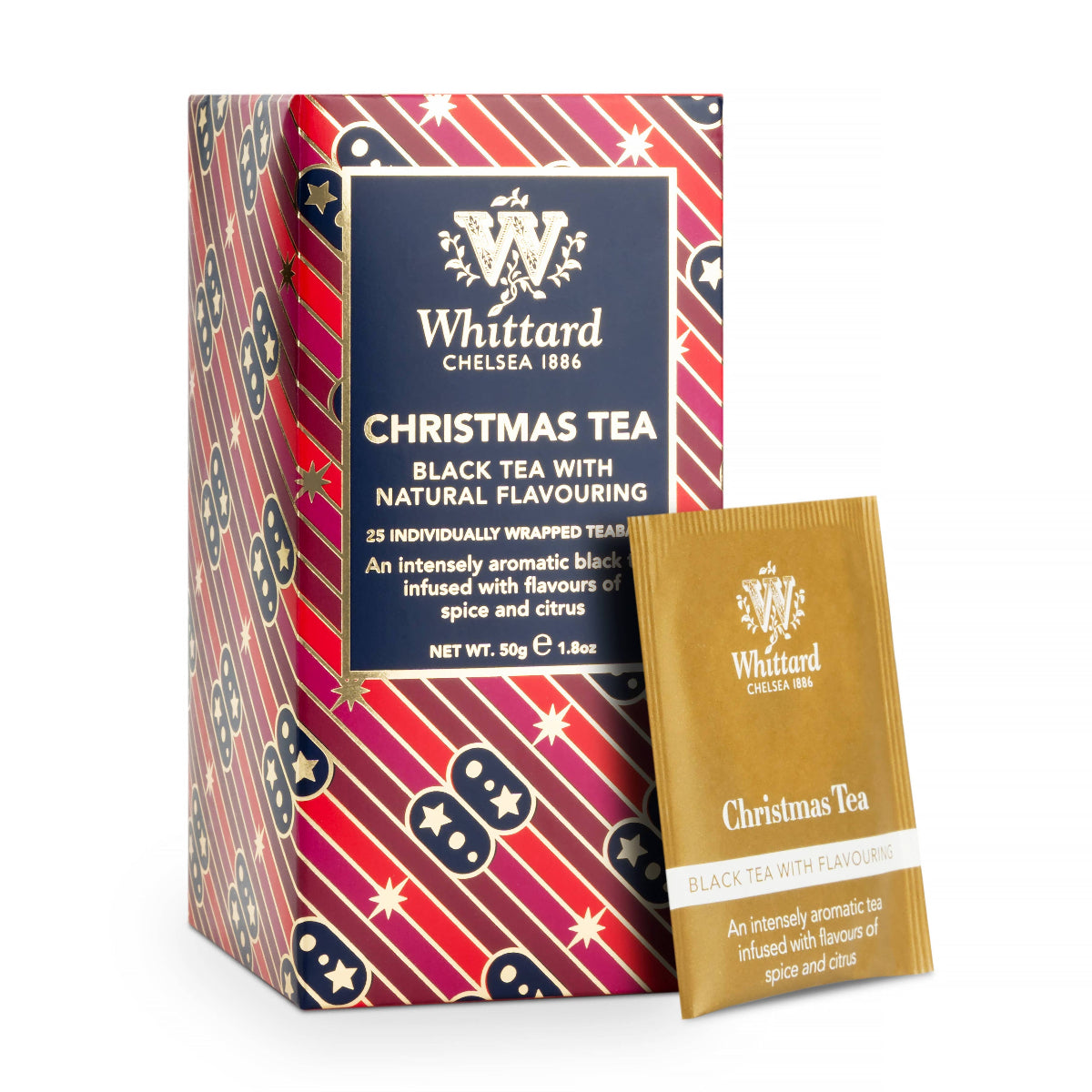 Whittard Christmas Tea packaging with a red and gold design on a white background