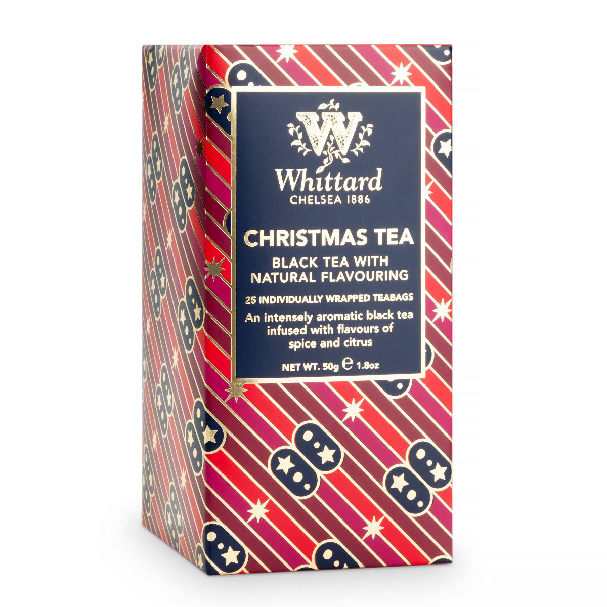 Whittard Christmas Tea packaging with red and blue design on a white background