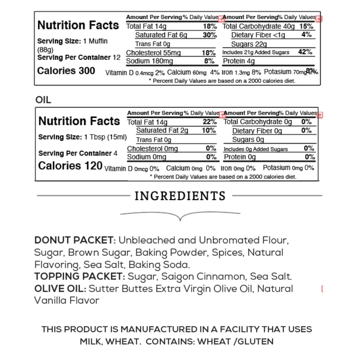 Nutrition facts and ingredients label for a product with oil and donut packaging.