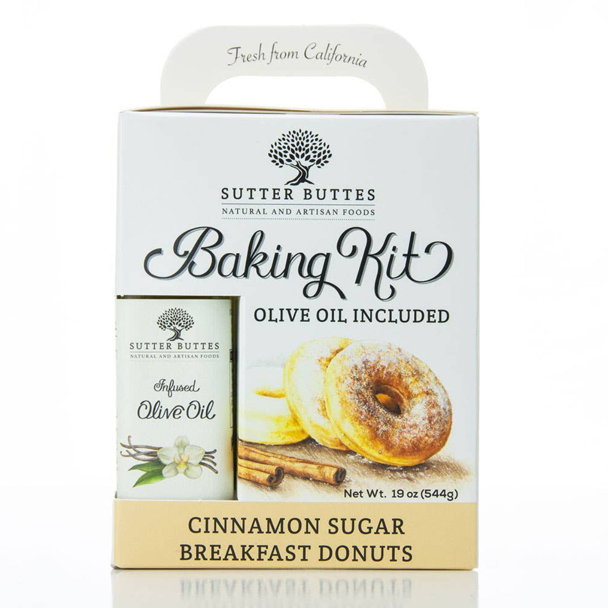 Sutter Buttes Baking Kit packaging for cinnamon sugar breakfast donuts on a white background