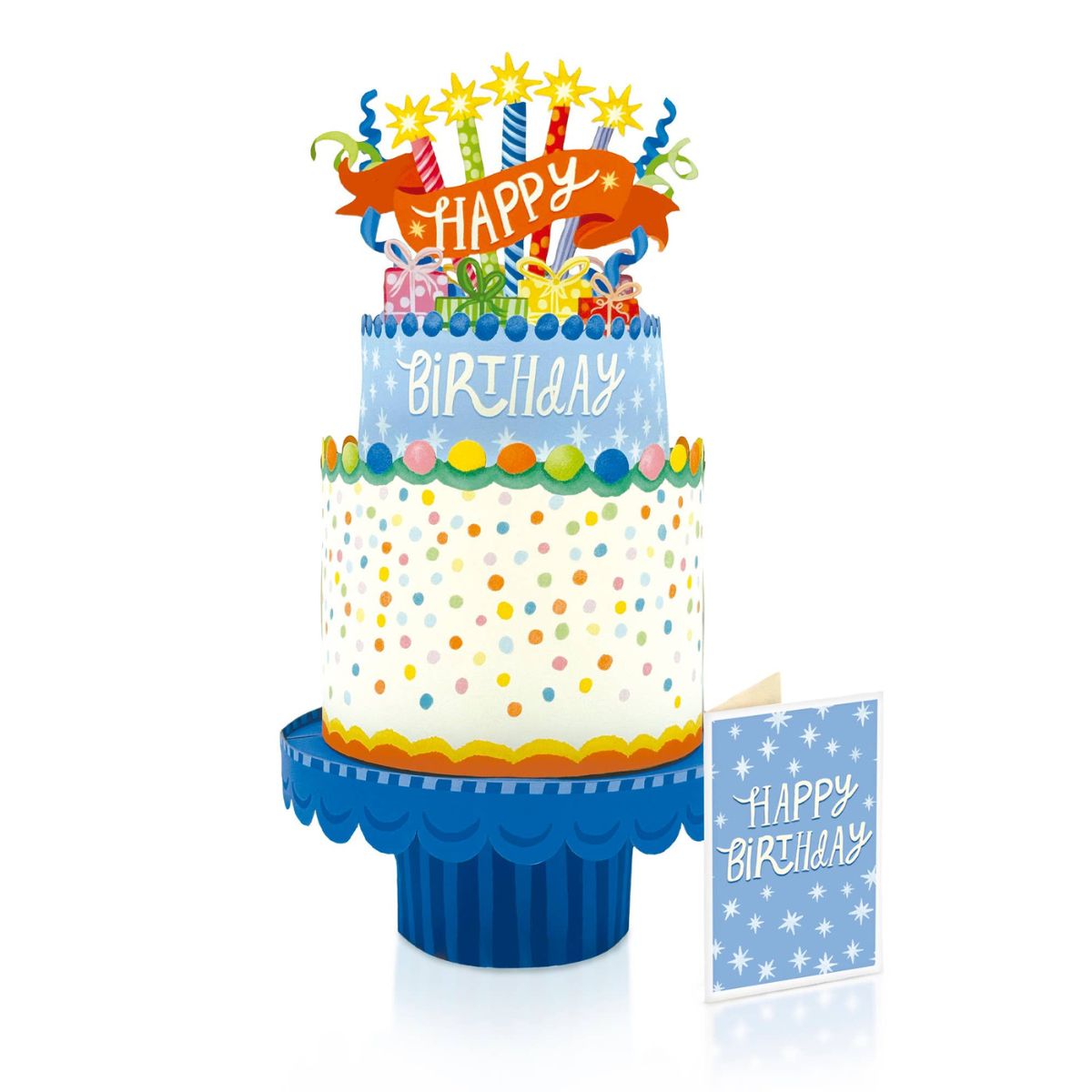 Colorful birthday cake with candles and a matching card on a white background