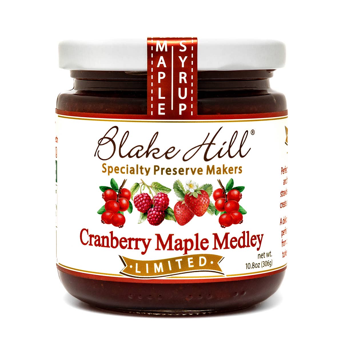 Jar of Blake Hill Cranberry Maple Medley preserve with a label on a white background