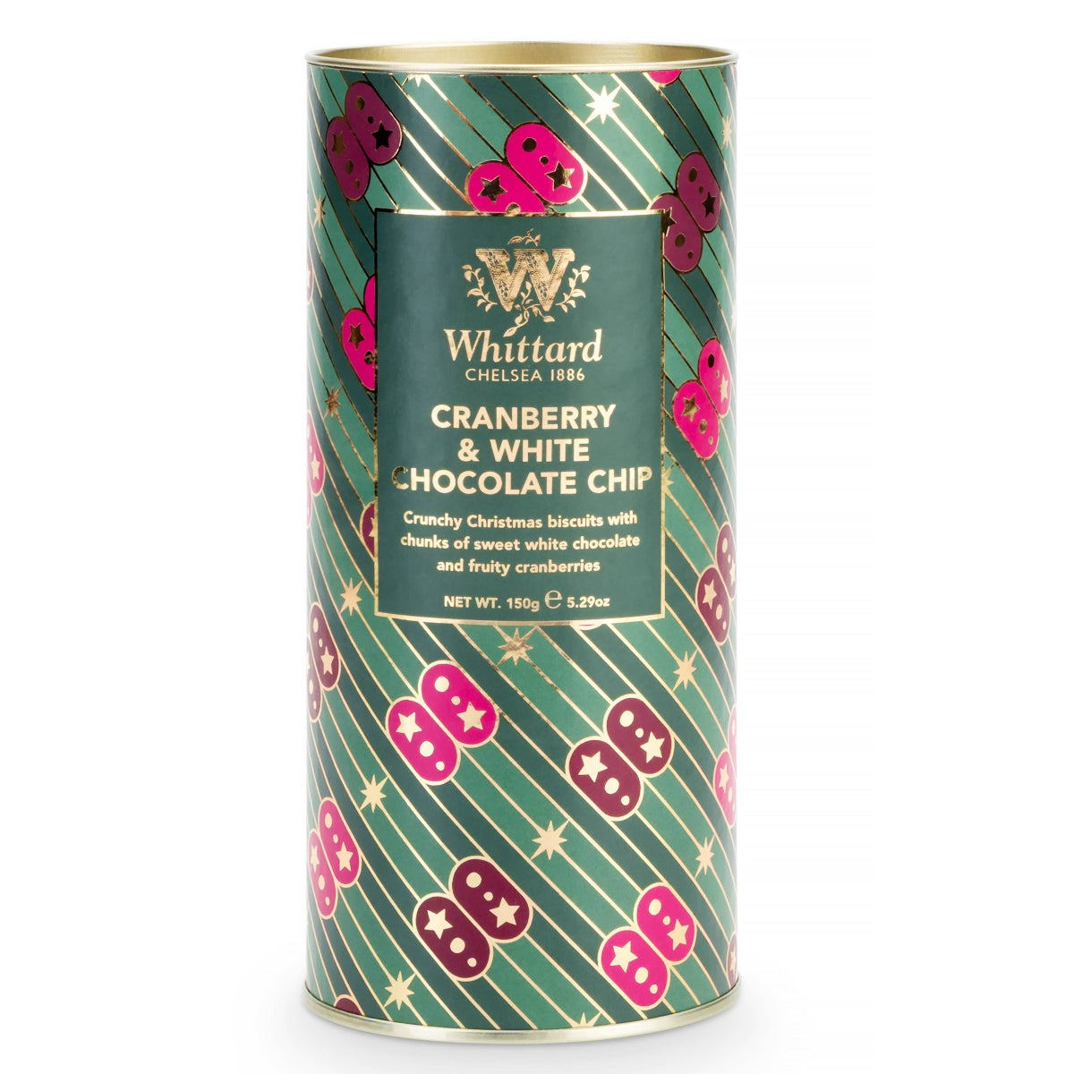 Whittard cranberry and white chocolate chip tea canister on a white background