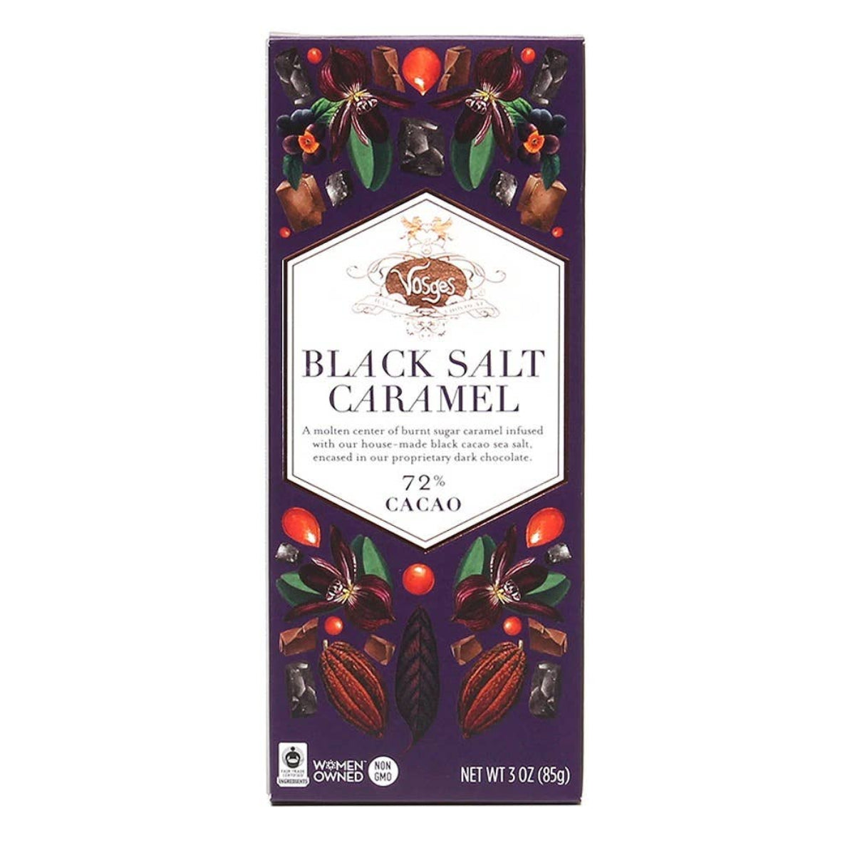 Vosges Black Salt Caramel chocolate bar packaging on a white background