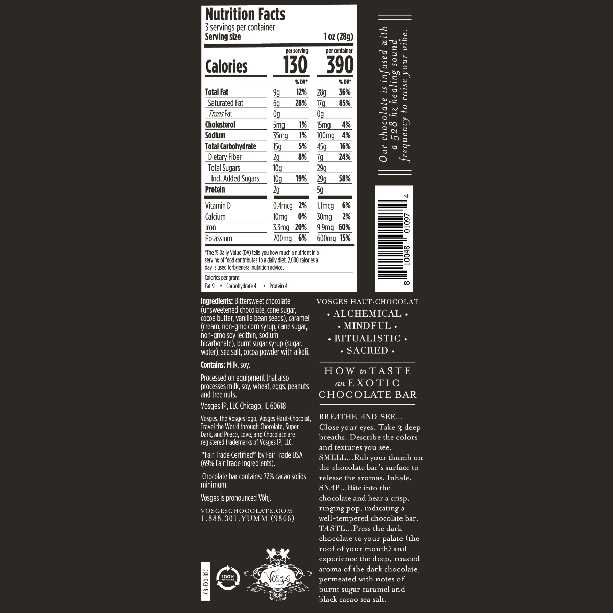 Nutrition facts label and product description on a black background