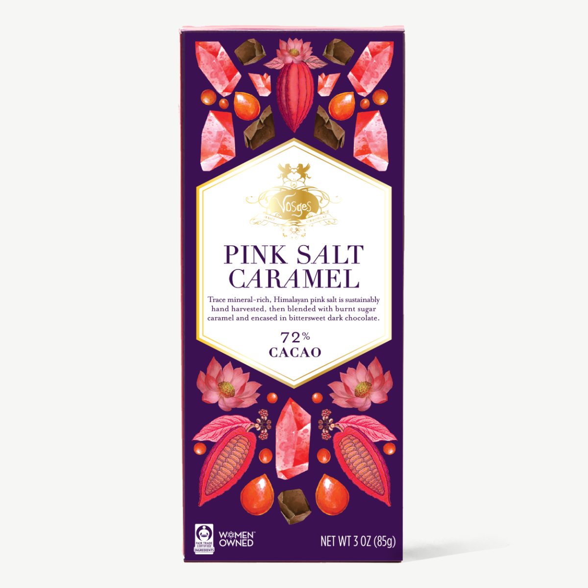 Pink salt caramel chocolate bar packaging with decorative elements on a white background