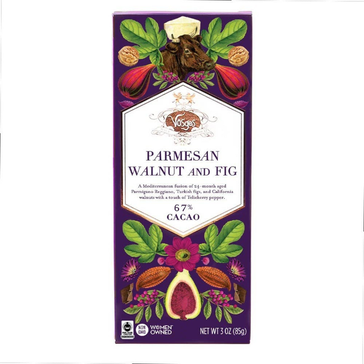 Voges Parmesan Walnut and Fig chocolate bar packaging on a white background