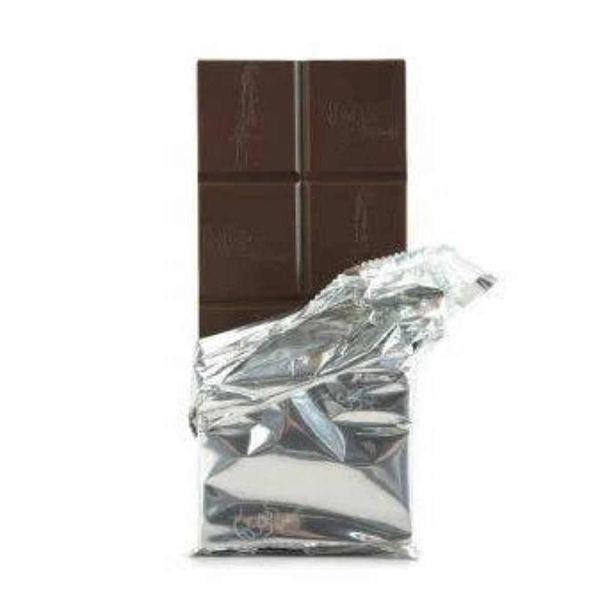 Dark chocolate bar with a piece unwrapped on a white background