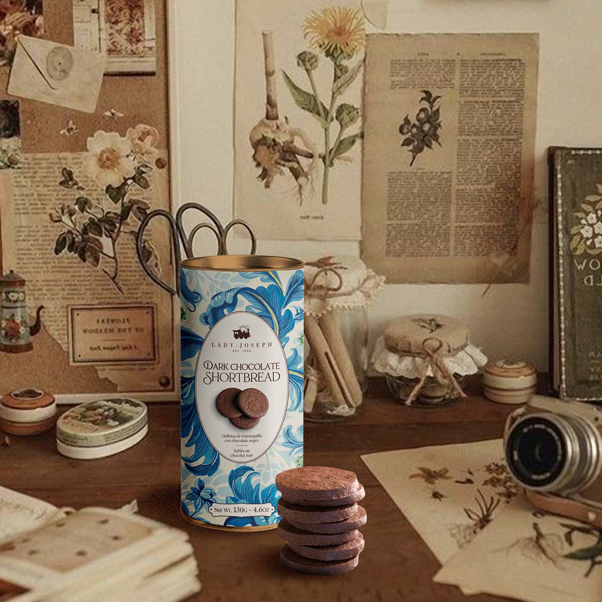Lindt chocolate shortbread packaging on a wooden surface with vintage decor