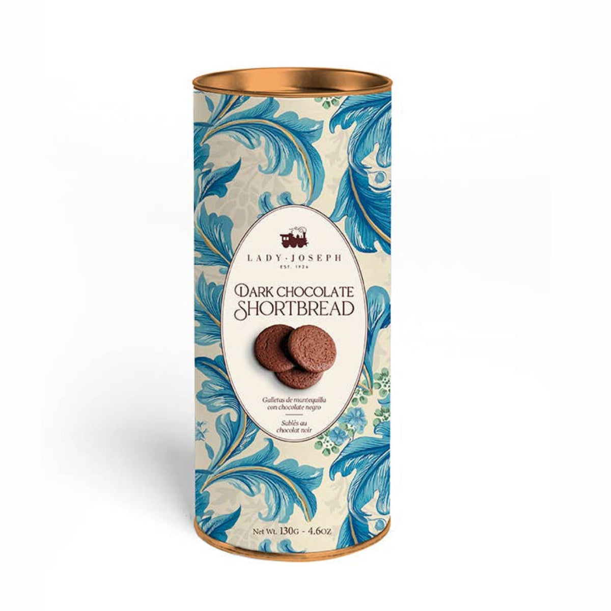 Tall cylindrical packaging of Lady Joseph Dark Chocolate Shortbread with decorative design on a white background