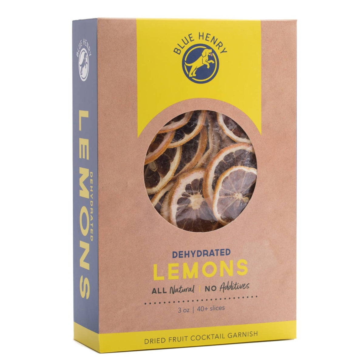 Box of dehydrated lemons with Blue Henry logo on a white background