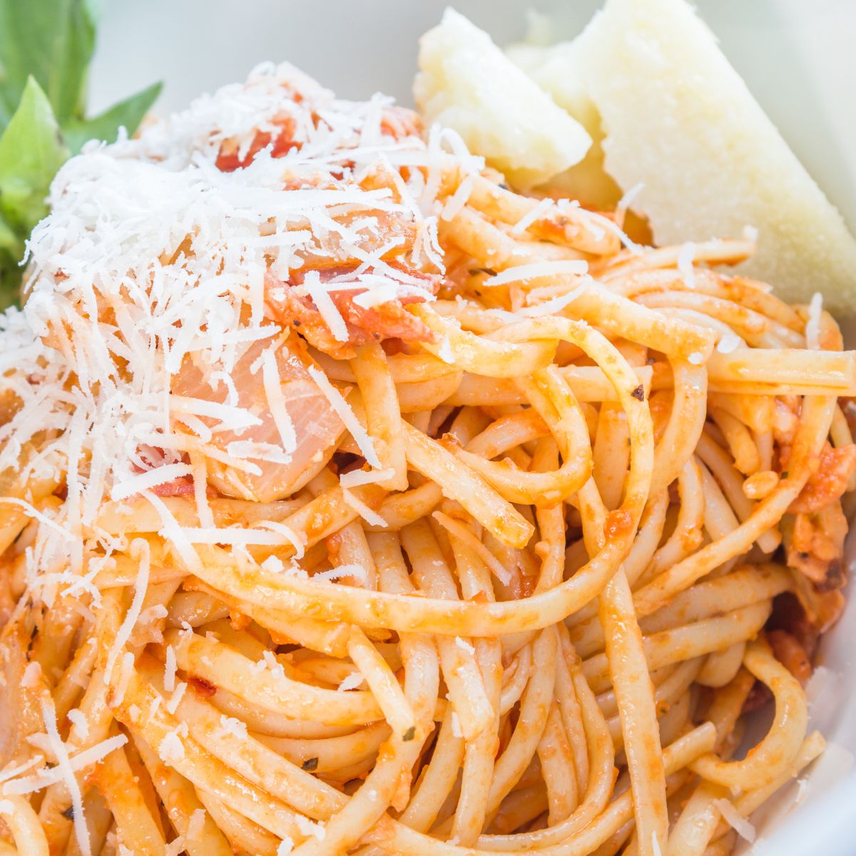 Spaghetti dish with tomato sauce and parmesan cheese on a white plate