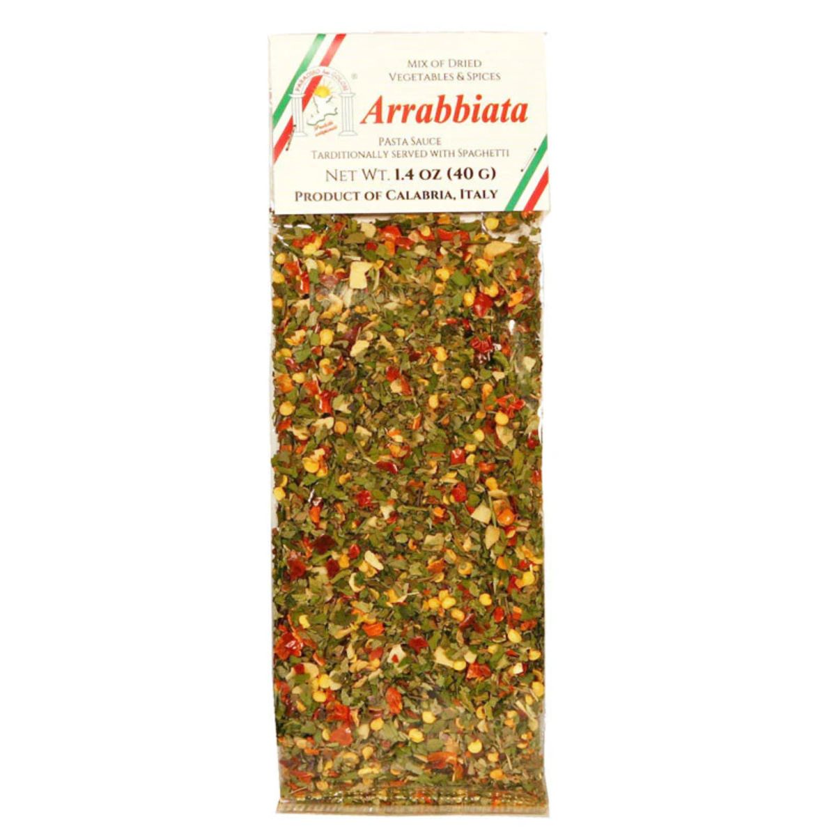 Packaged Arrabiata dried vegetable mix on a white background