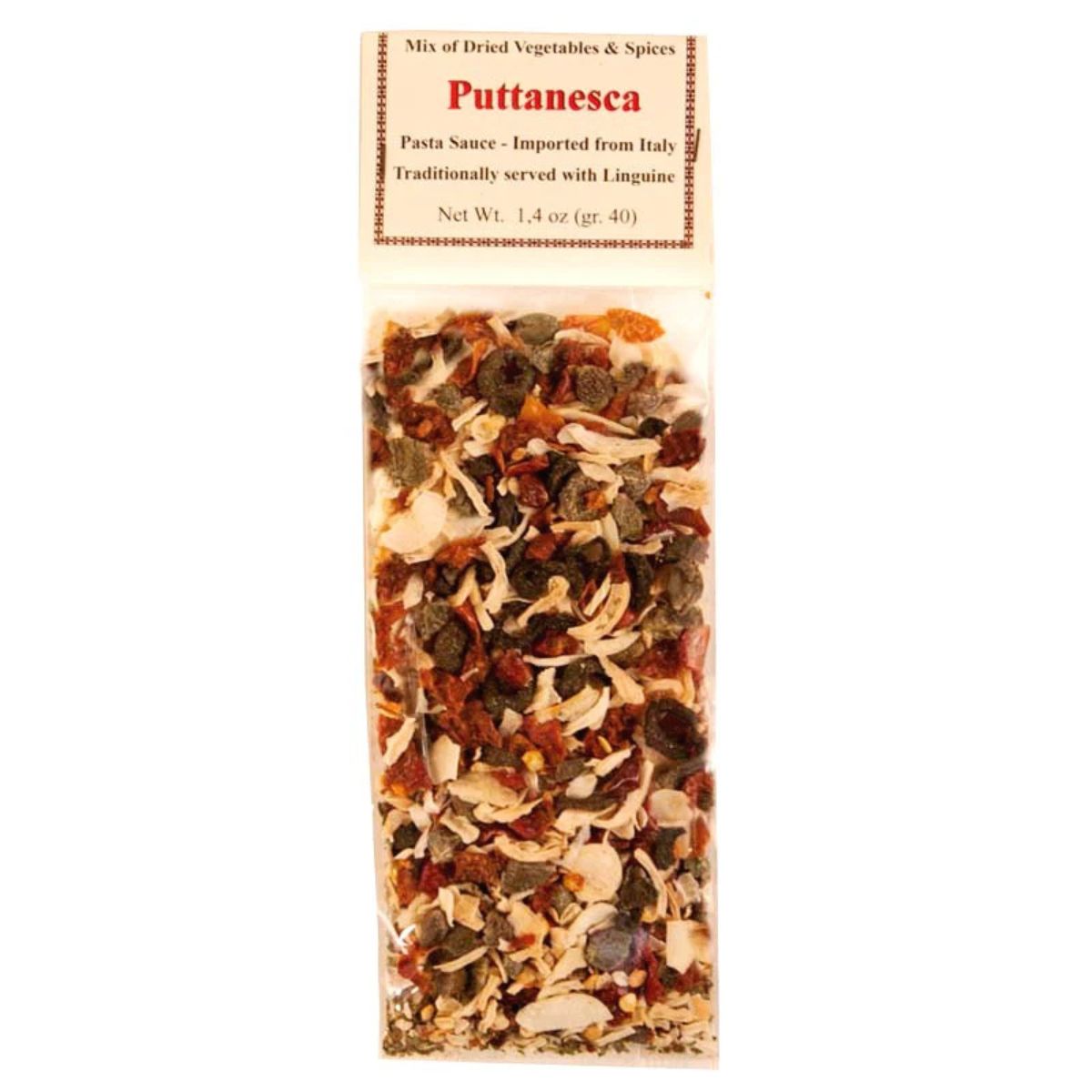 Packaged mix of dried vegetables and spices with Puttanesca branding on a white background