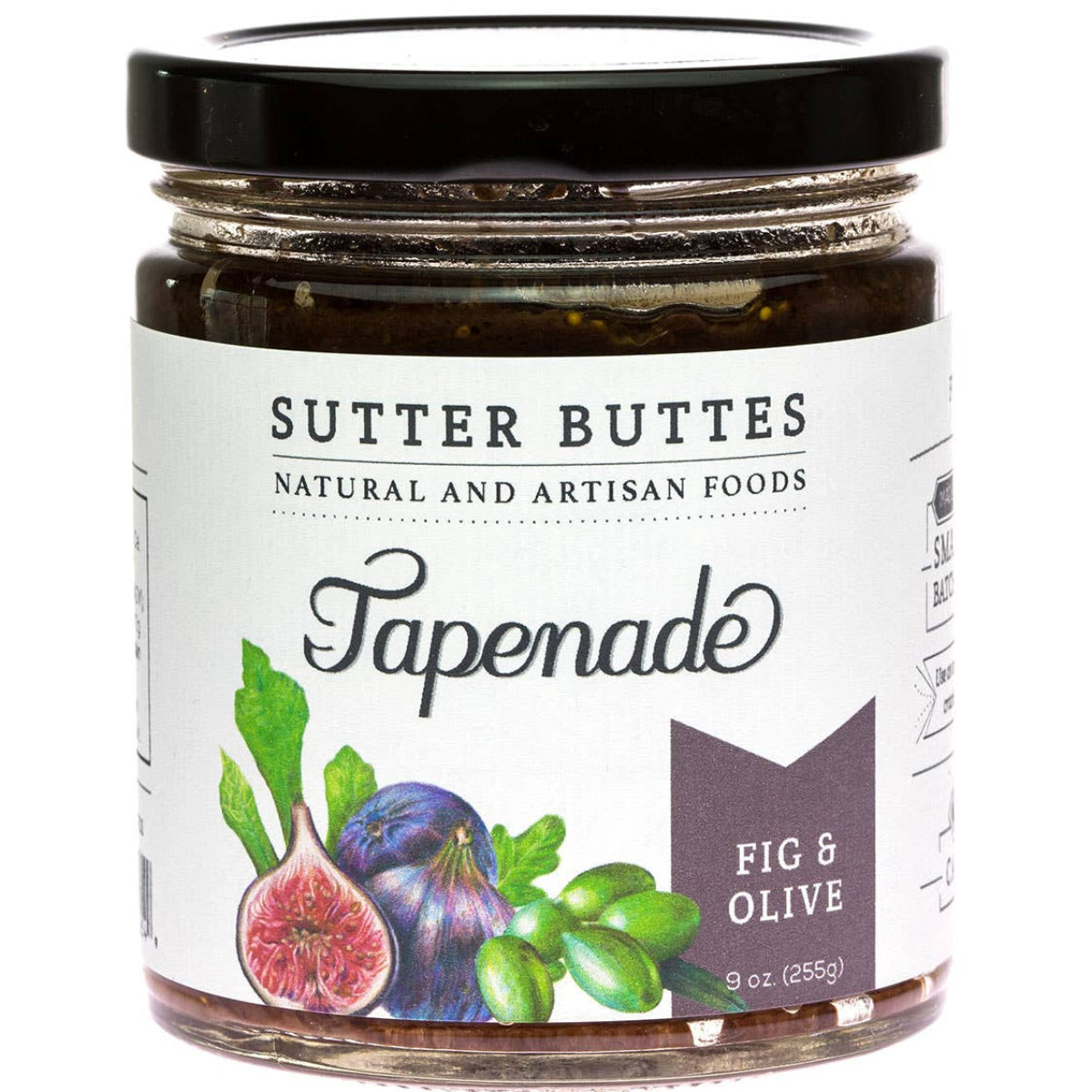 Jar of Sutter Buttes Fig &amp; Olive Tapenade on a white background