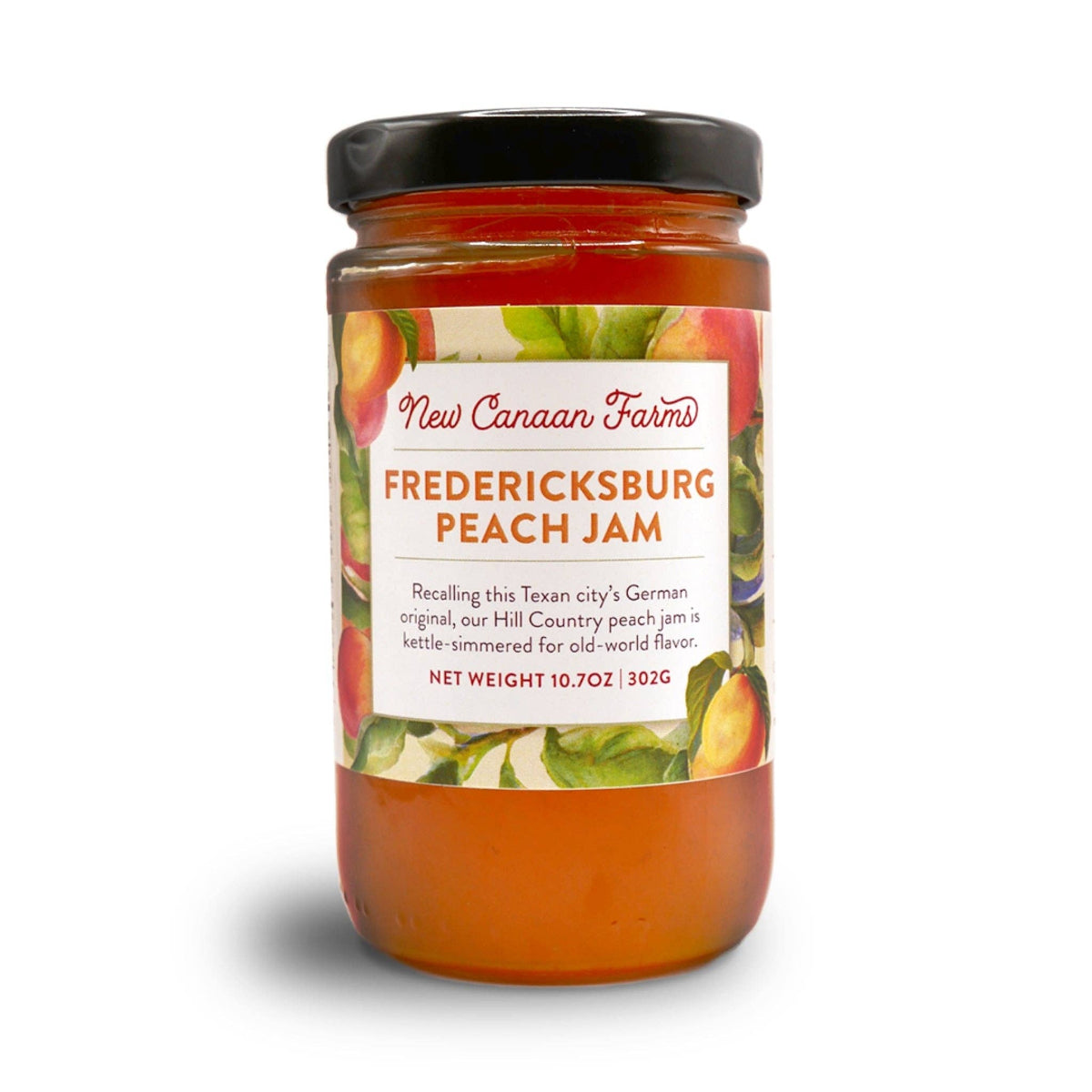Jar of Fredericksburg Peach Jam from New Canaan Farms on a white background