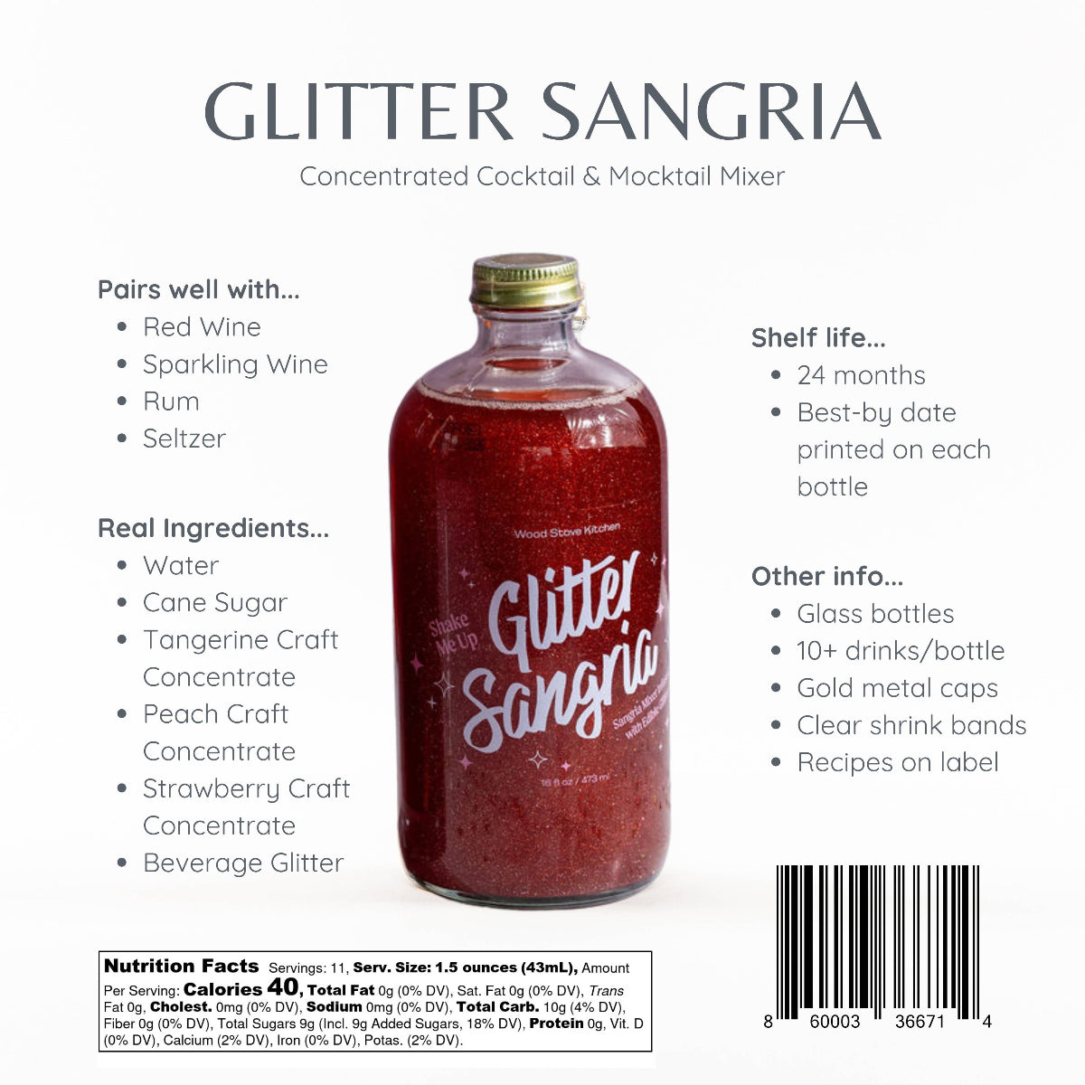 Glitter Sangria mixer concentrate bottle with label on a white background