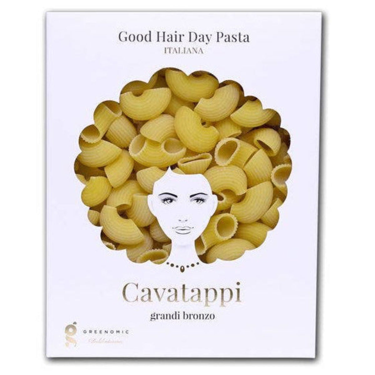 Pasta packaging with cavatappi illustration on a white background