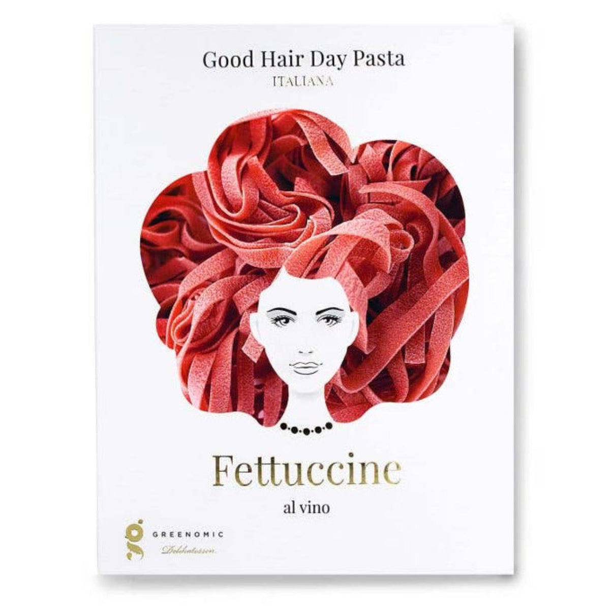 Product packaging for 'Good Hair Day Pasta' with red pasta strands and a face illustration on a white background.