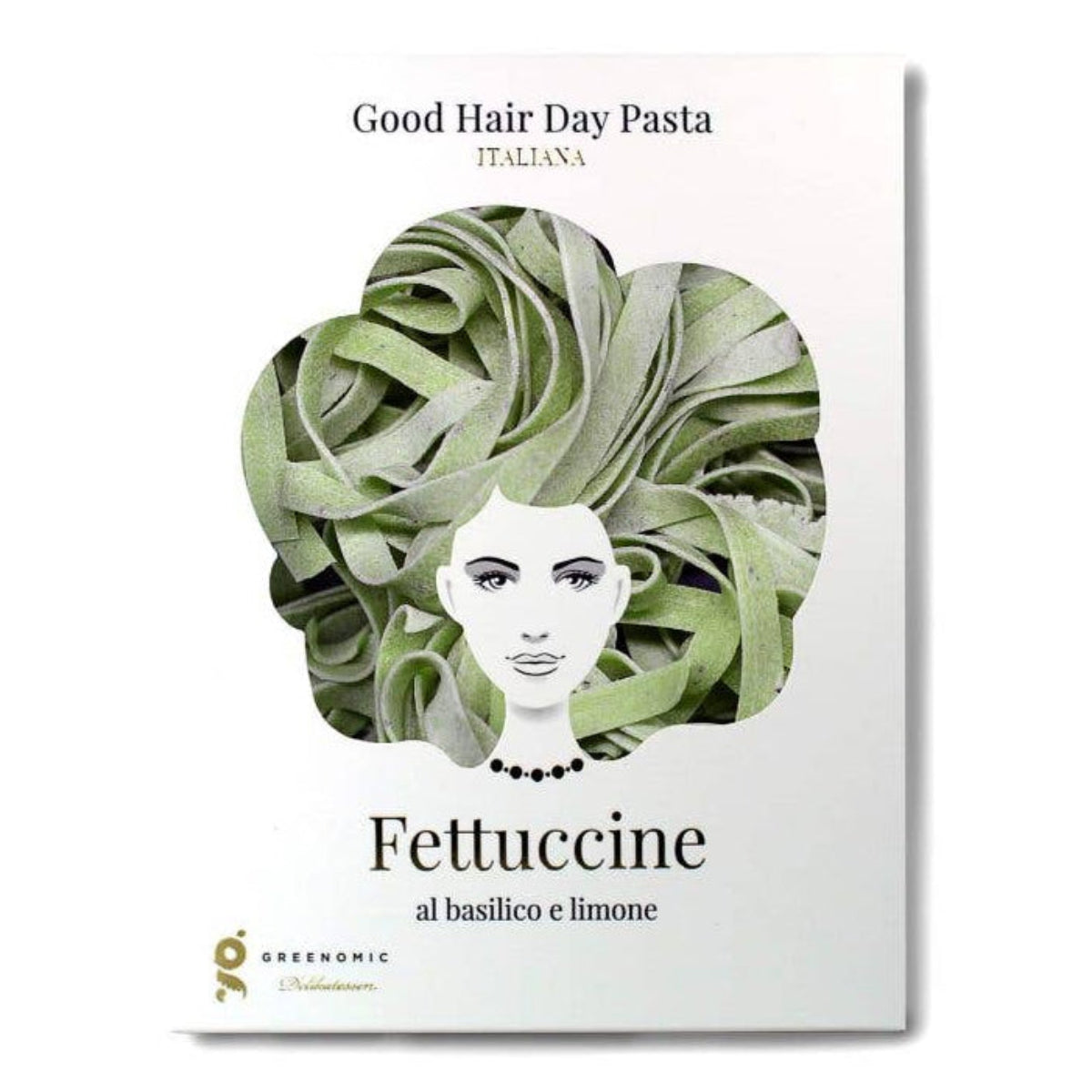 Good Hair Day Pasta packaging with fettuccine noodles shaped like a woman&#39;s head on a white background