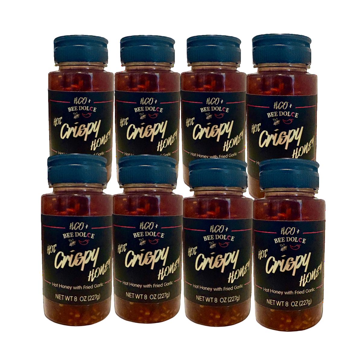 Multiple bottles of 'The Crispy Honey' with blue caps on a white background