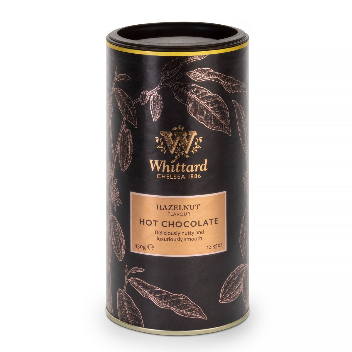 Whittard hazelnut hot chocolate canister on a white background