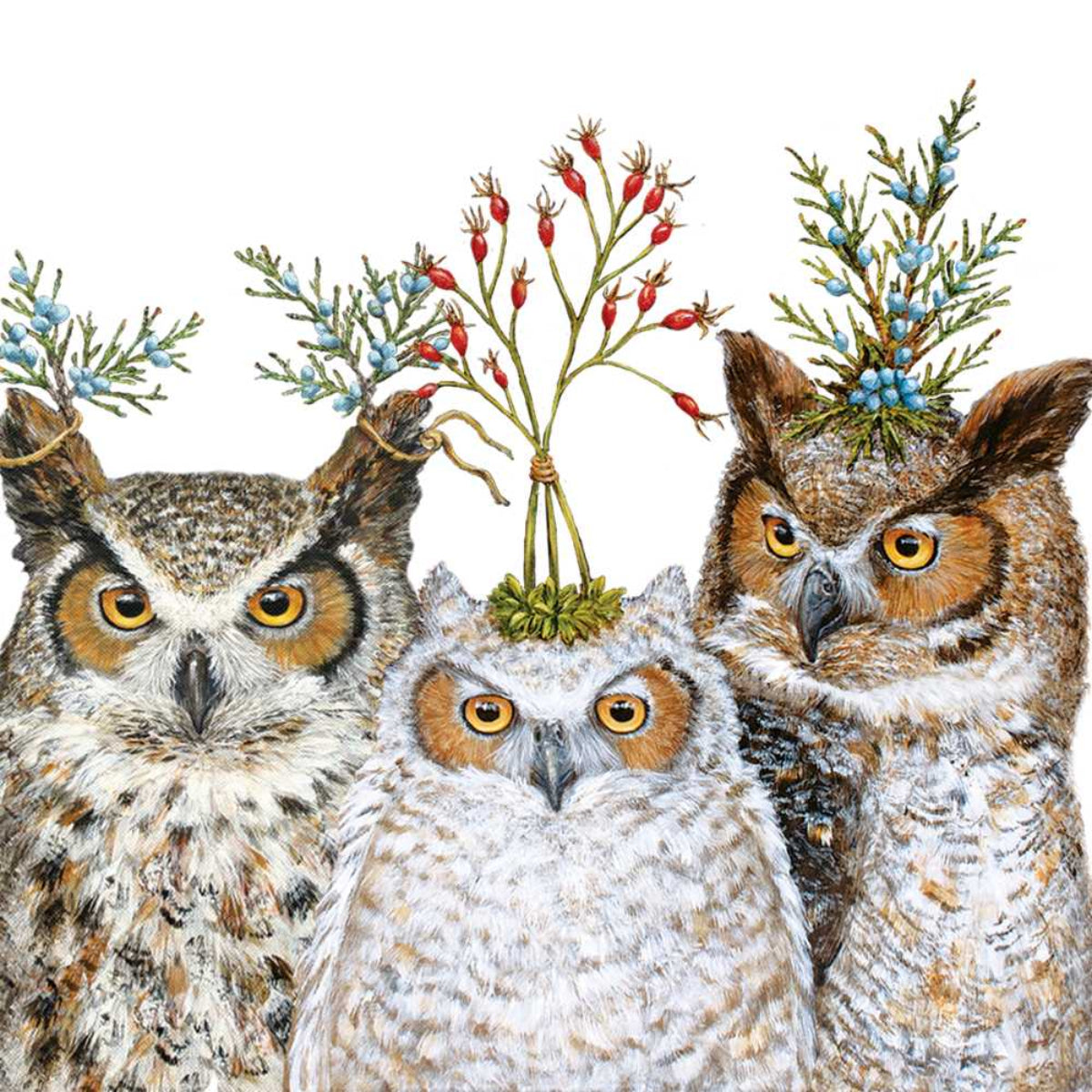 Three owls with decorative branches on a white background