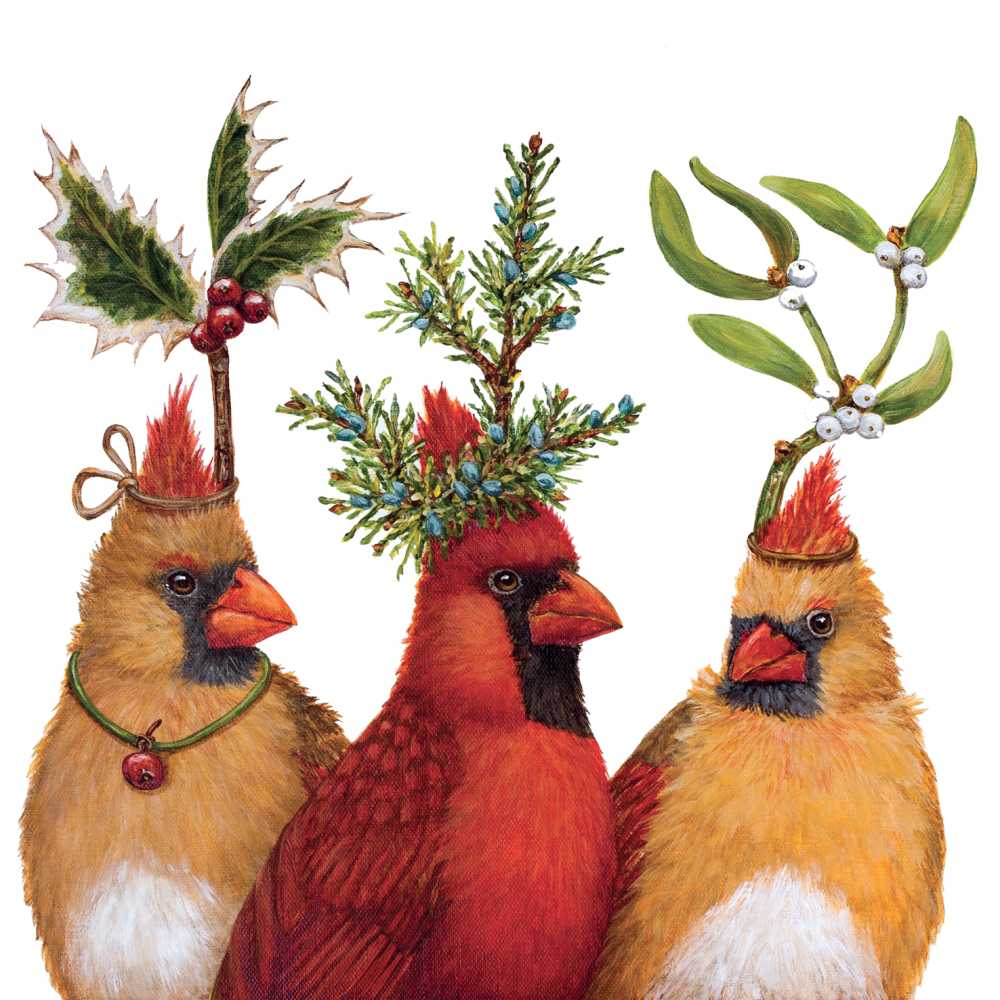 Three cardinals with festive hats on a white background