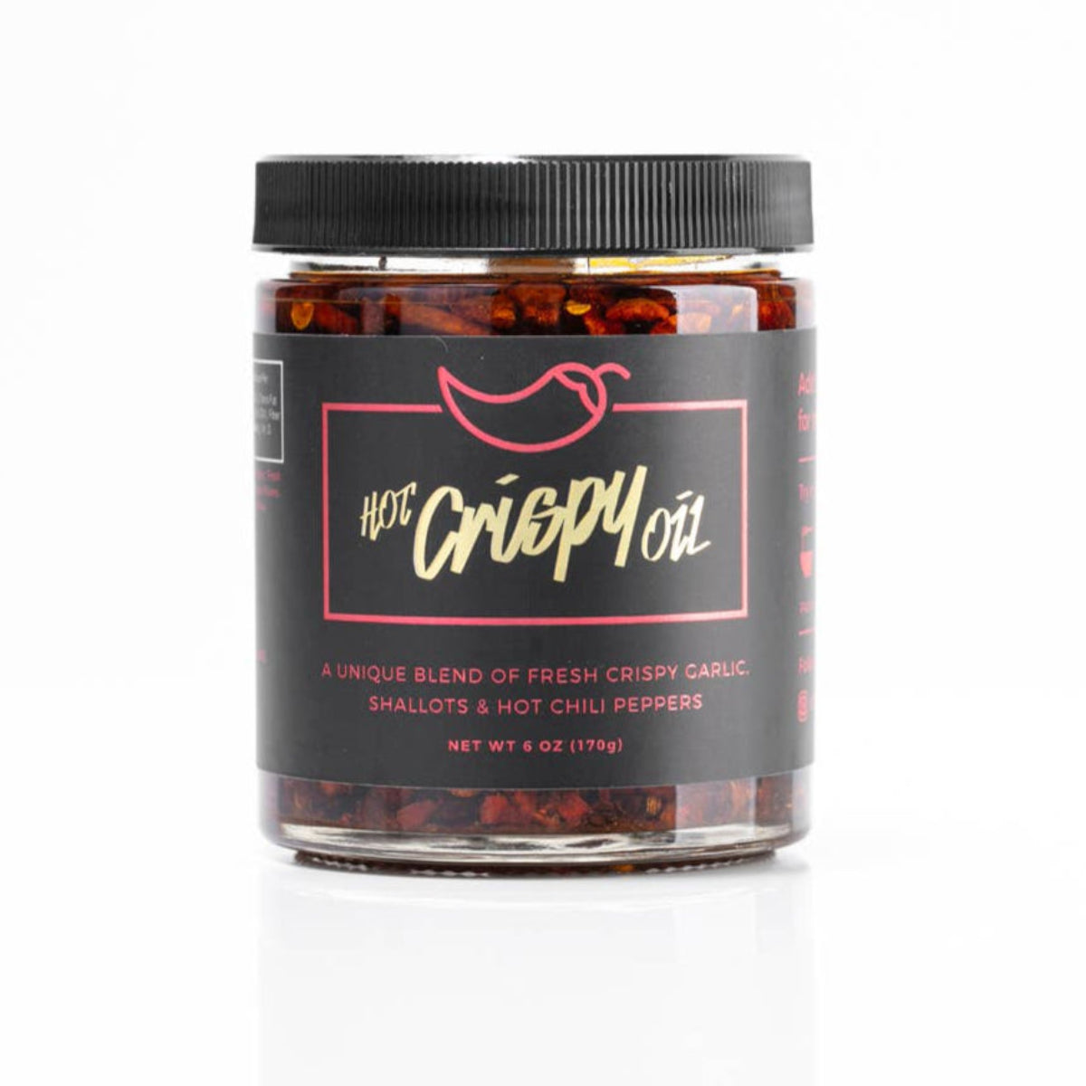 Jar of 'Hot Crispy Oil' on a white background
