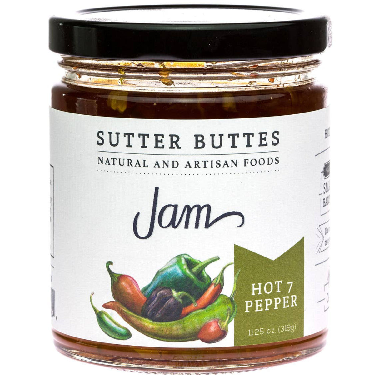 Jar of Sutter Buttes Hot 7 Pepper Jam on a white background