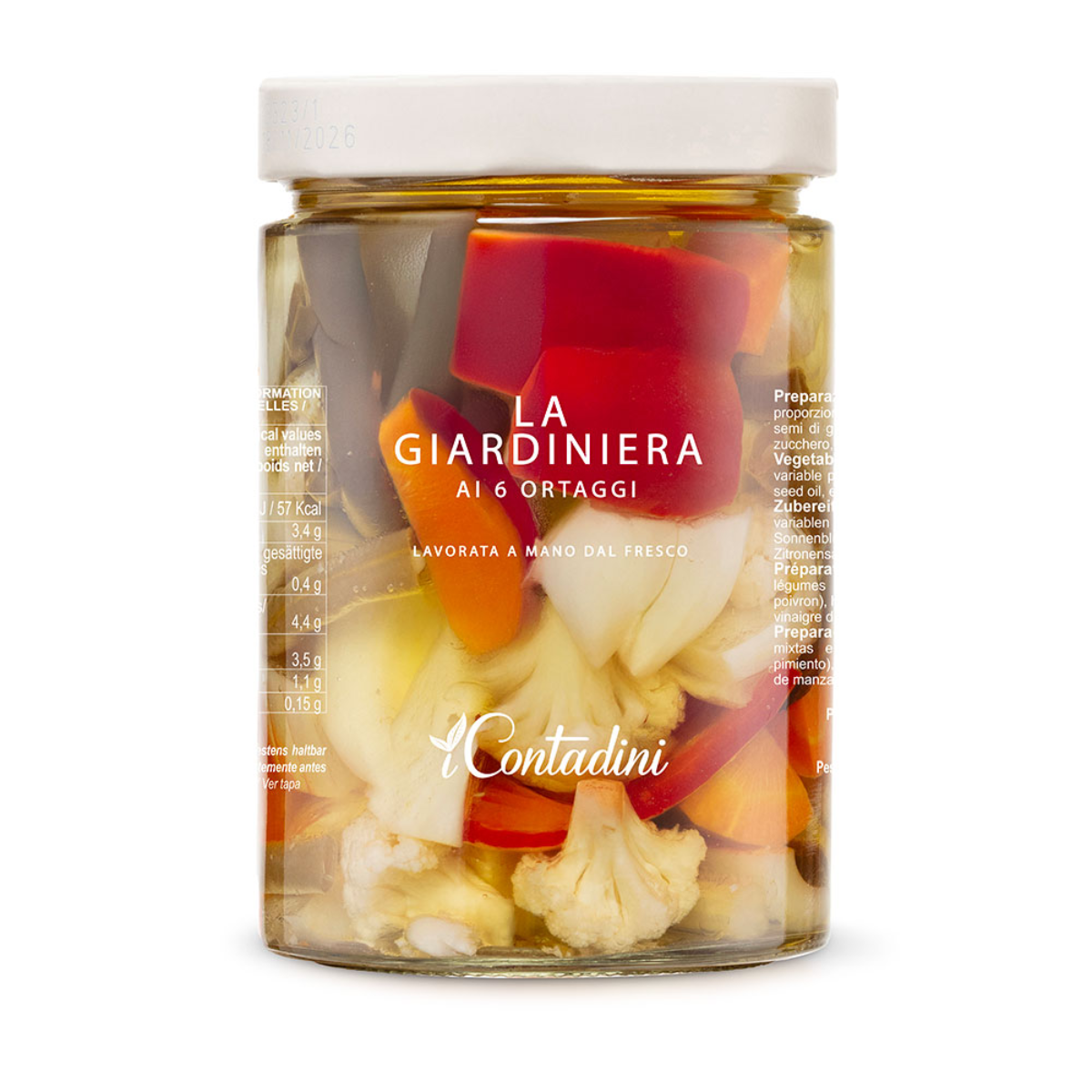 Jar of 'La Giardiniera' with vegetables on a white background