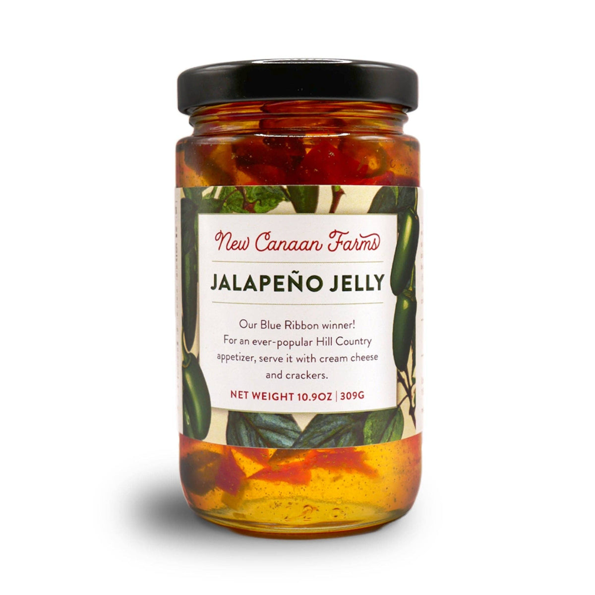 Jar of New Canaan Farms Jalapeño Jelly on a white background