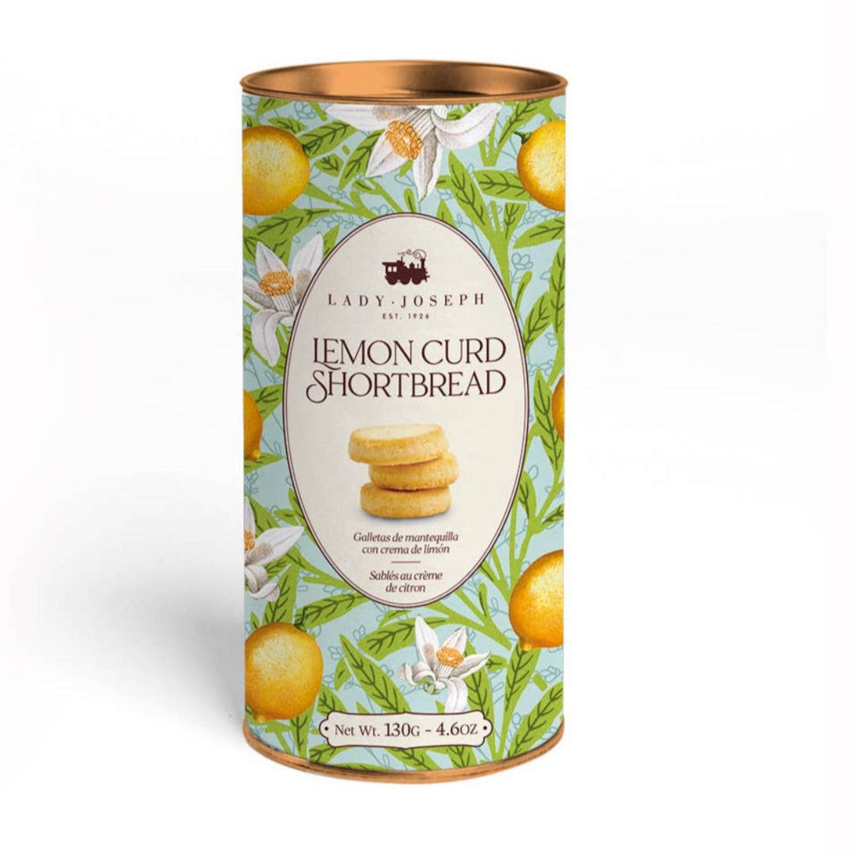 Canister of Lady Joseph Lemon Curd Shortbread on a white background