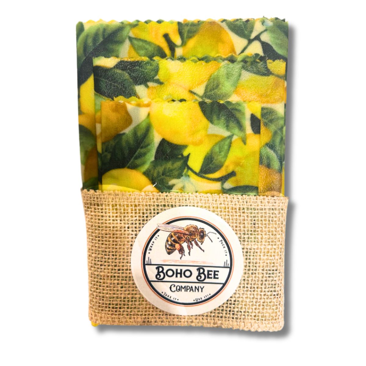 Product with lemon patterned cover and 'Boho Bee Company' label on a white background