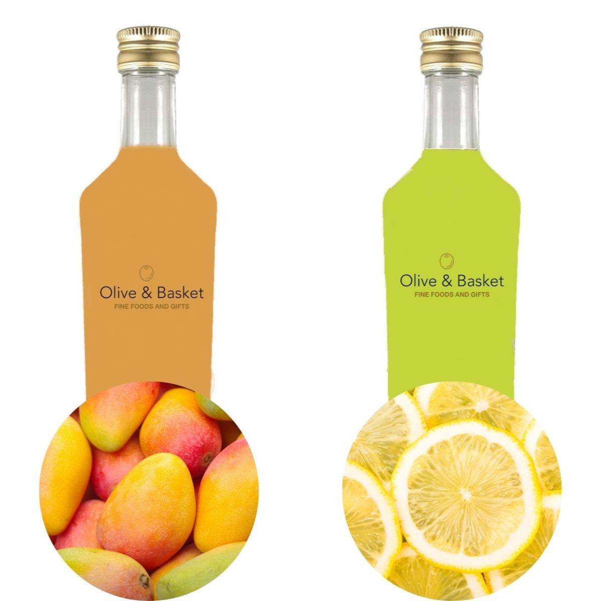 Two clear glass bottles with gold caps on a white background, labeled 'Olive &amp; Basket Fine Foods and Gifts.' The left bottle contains an orange-tan liquid with a mango fruit graphic at the bottom, and the right bottle contains a bright green liquid with a lemon slice graphic at the bottom.