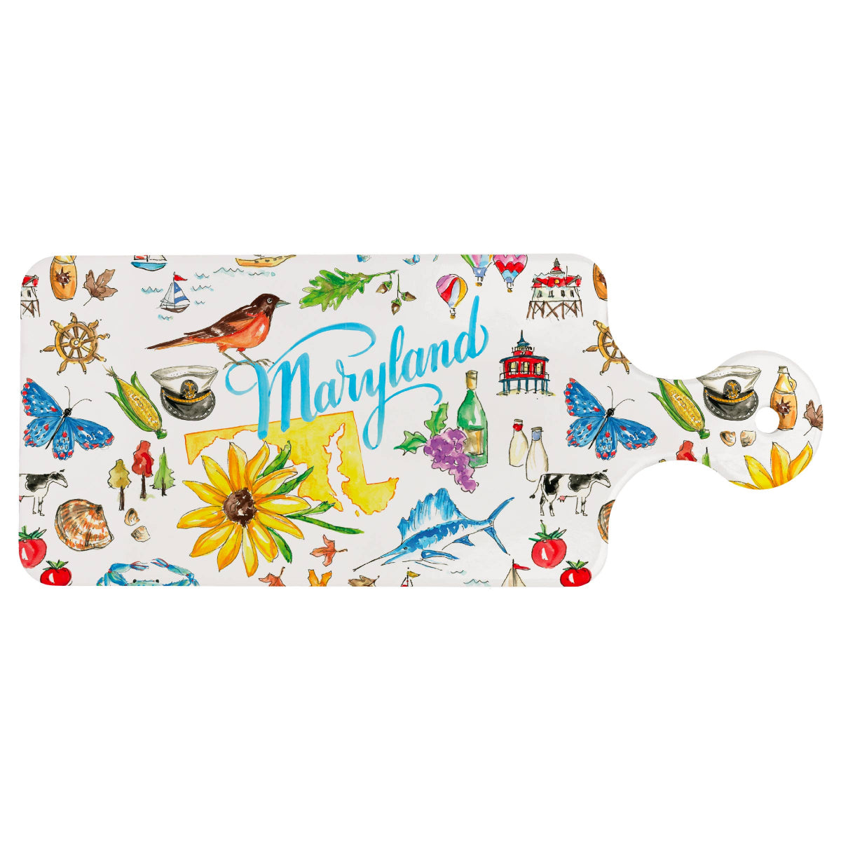 Long, narrow cutting board with colorful Maryland-themed illustrations on a white background
