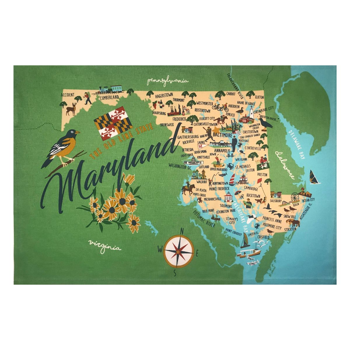 A cotton tea towel featuring a colorful illustration of the state of Maryland, including major towns and attractions, on a green background.