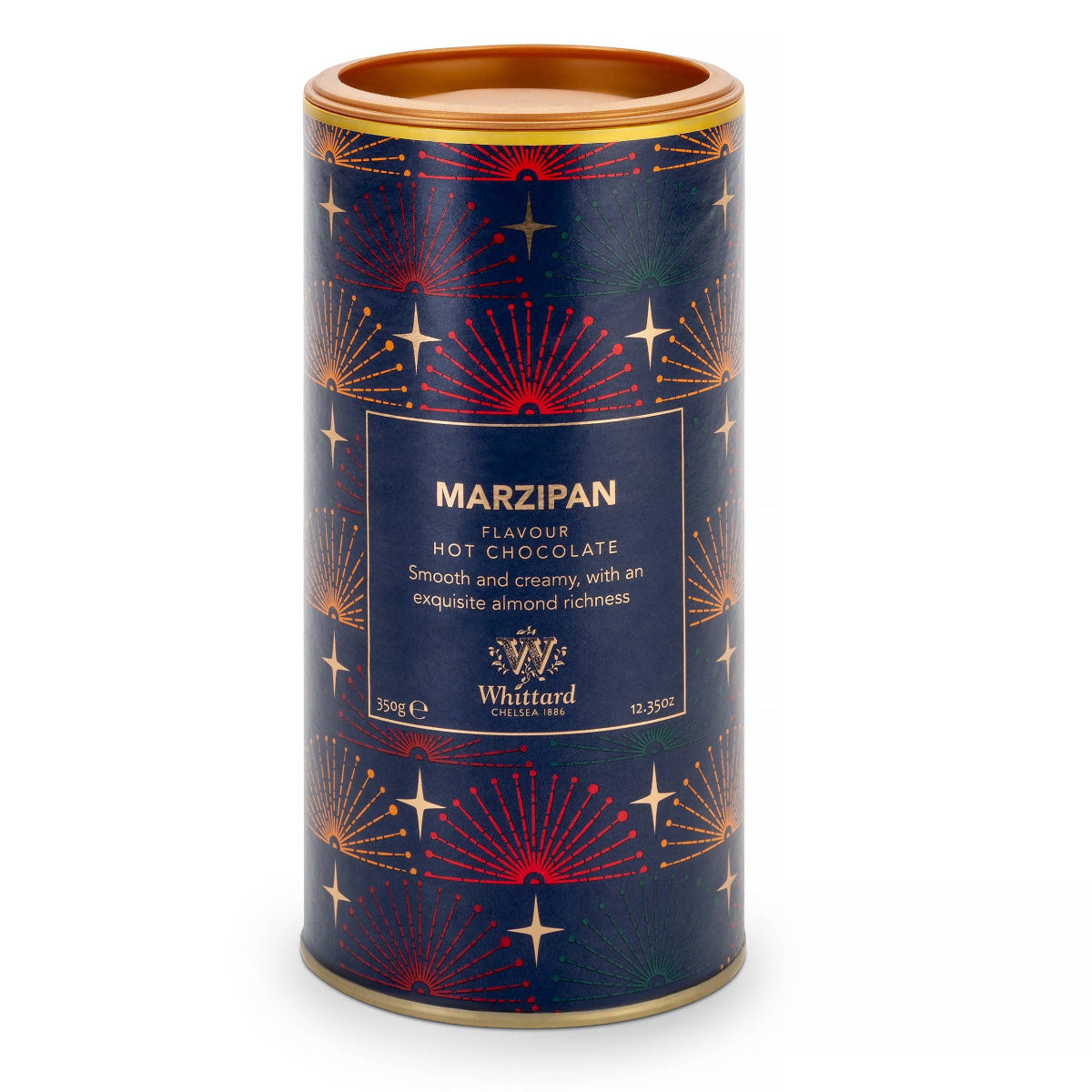 Cylindrical container of Marzipan hot chocolate with decorative design on a white background