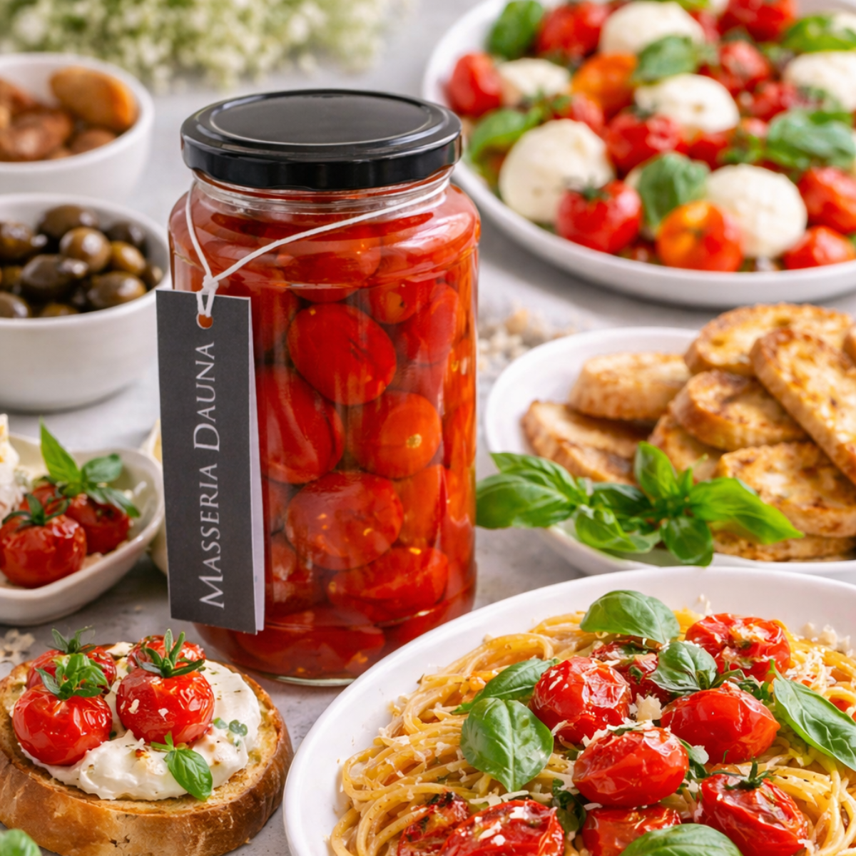 A glass jar of fresh tomatoes by Masseria Daina, styled on a table surrounded by pasta, bruschetta, and caprese salad.