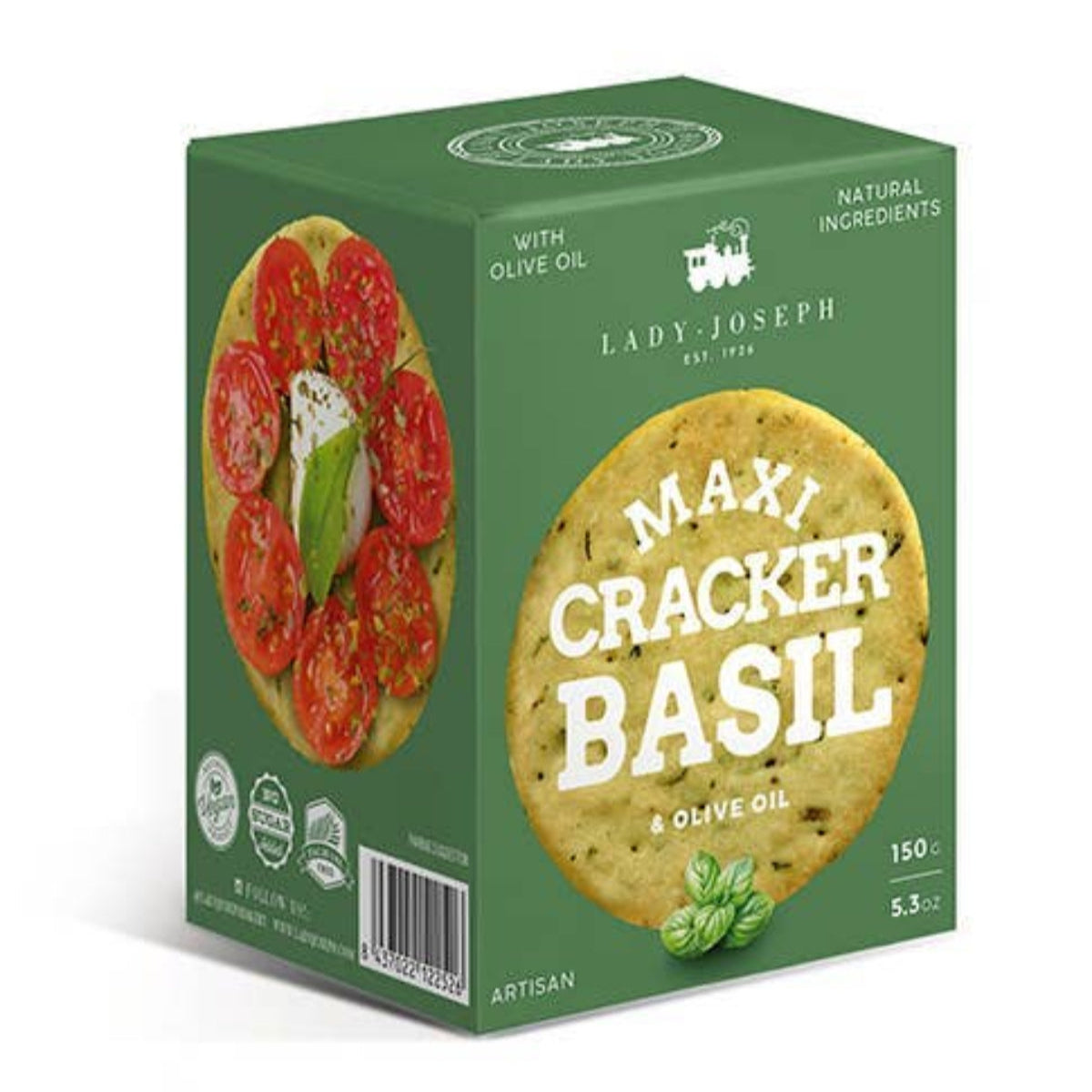 Green box of Lady Joseph Maxi Cracker Basil with olive oil on a white background