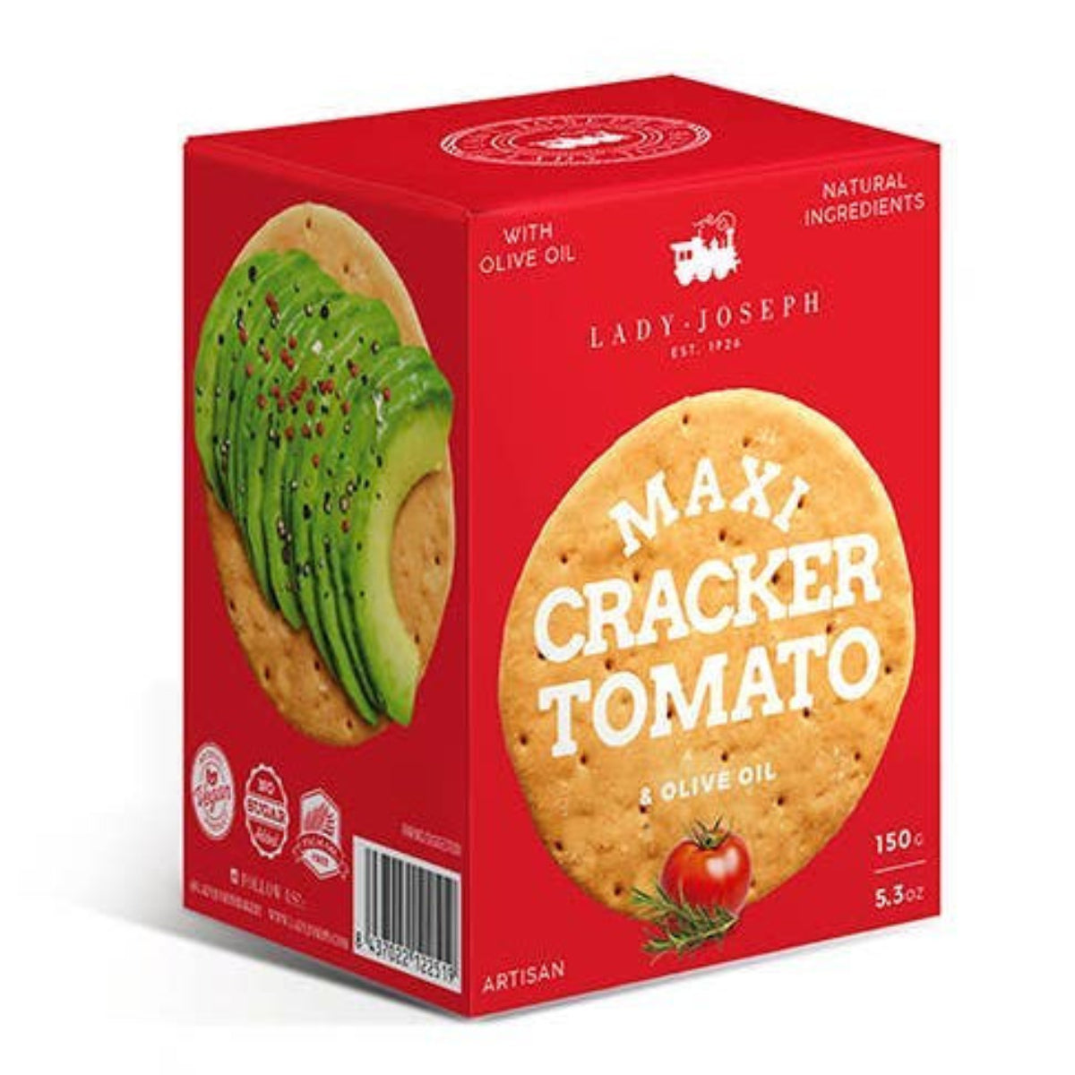 Box of Lady Joseph Maxi Cracker Tomato with an image of a cracker on a white background