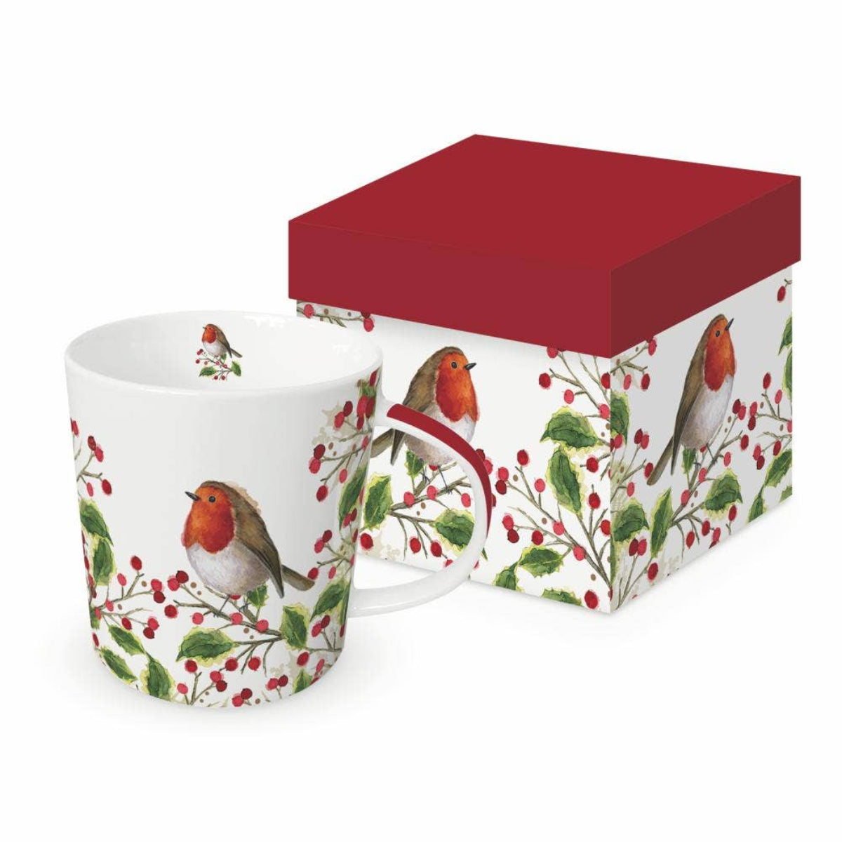 Mug with robin design in a matching box on a white background