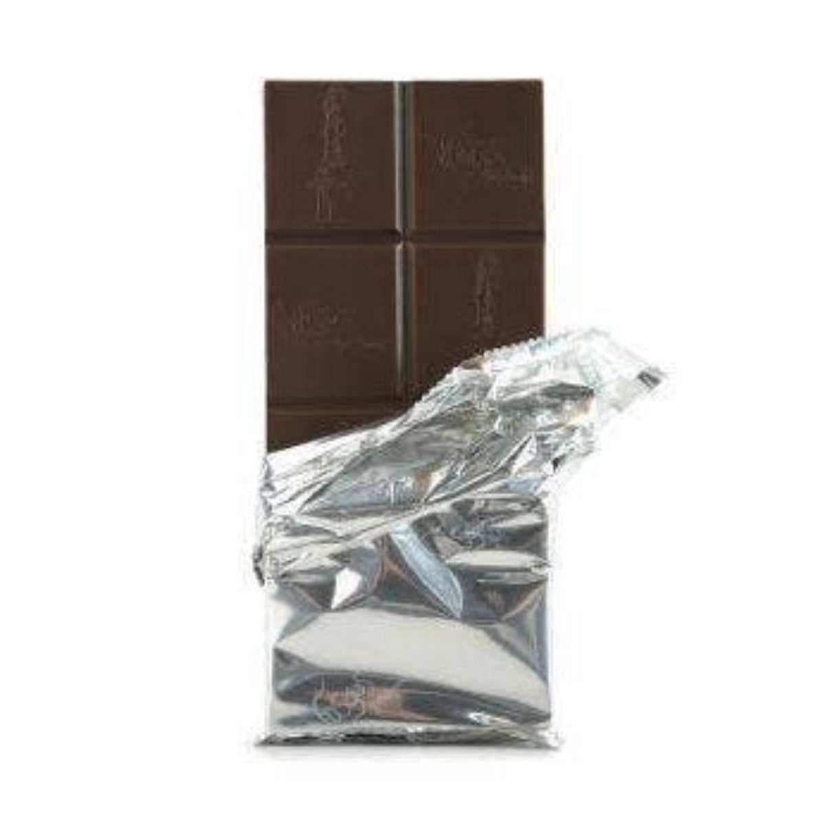 Chocolate bar with a piece unwrapped on a white background