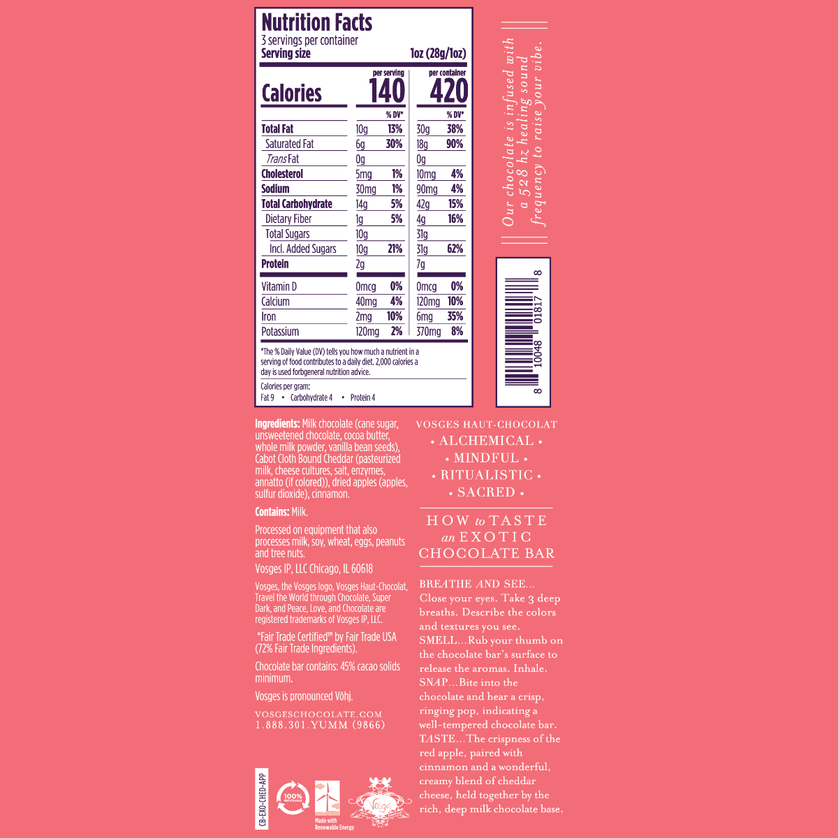 Nutrition facts label and product description on a red background