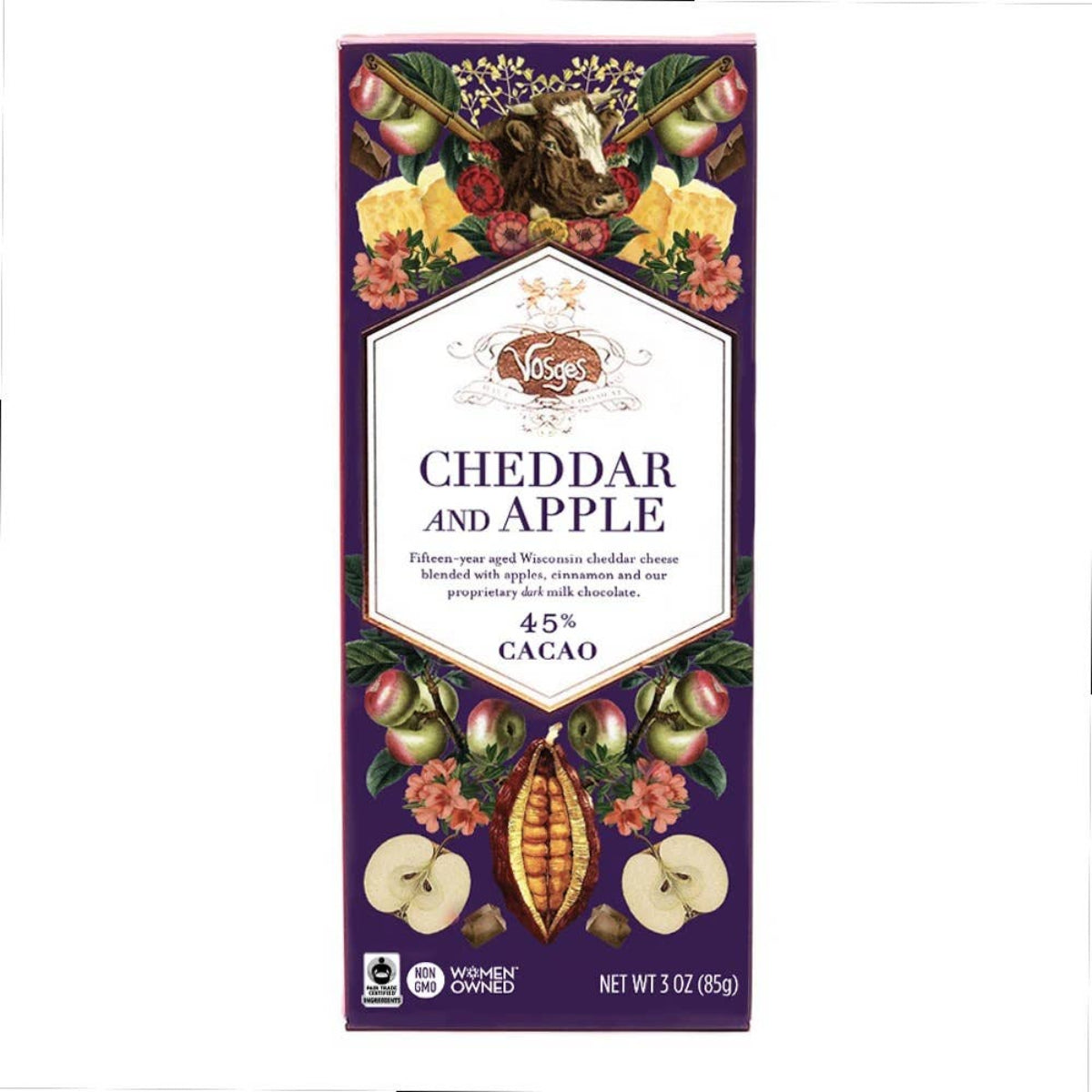 Voges Cheddar and Apple chocolate bar packaging on a white background