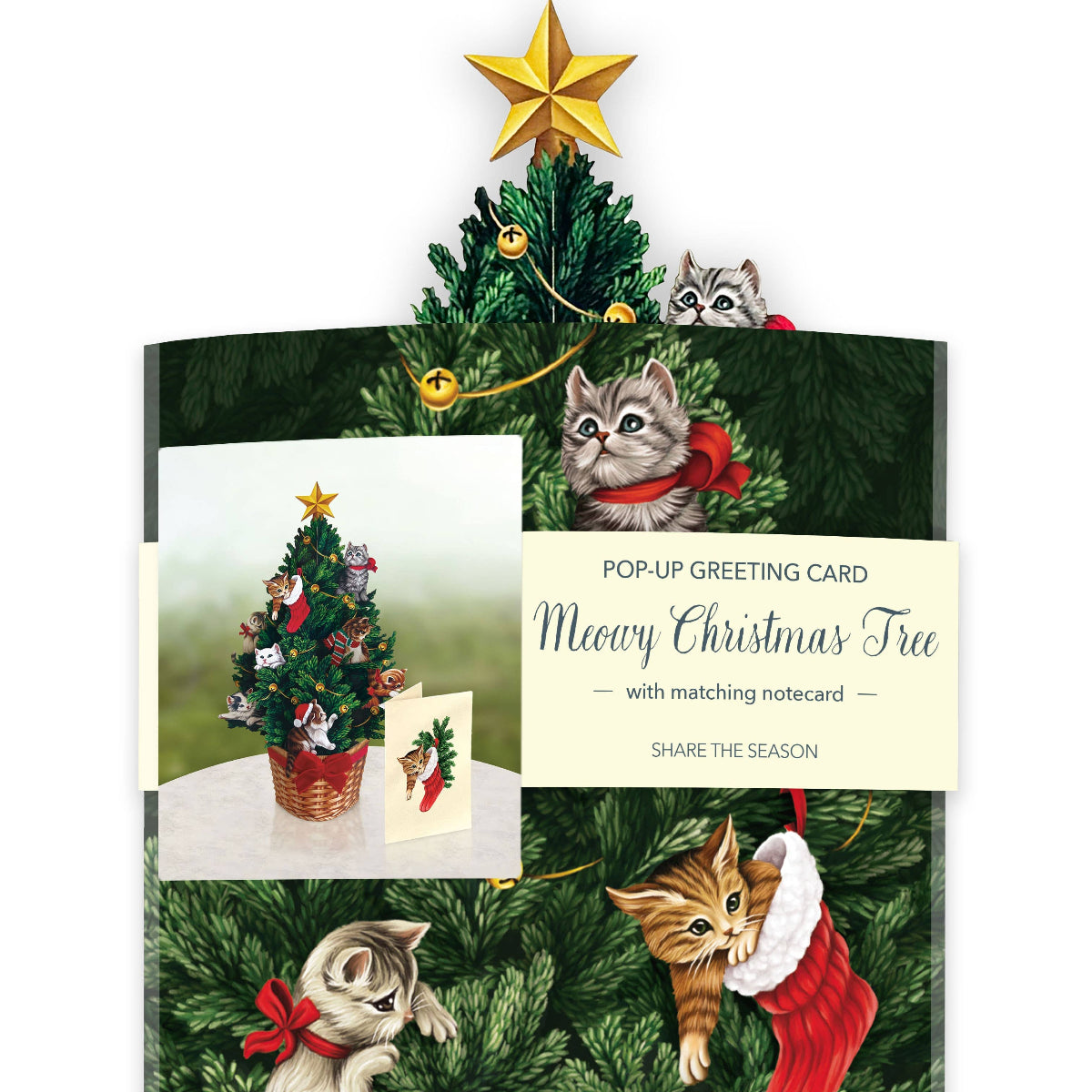 Pop-up greeting card with Christmas tree and cats, featuring 'freshcut paper' branding.