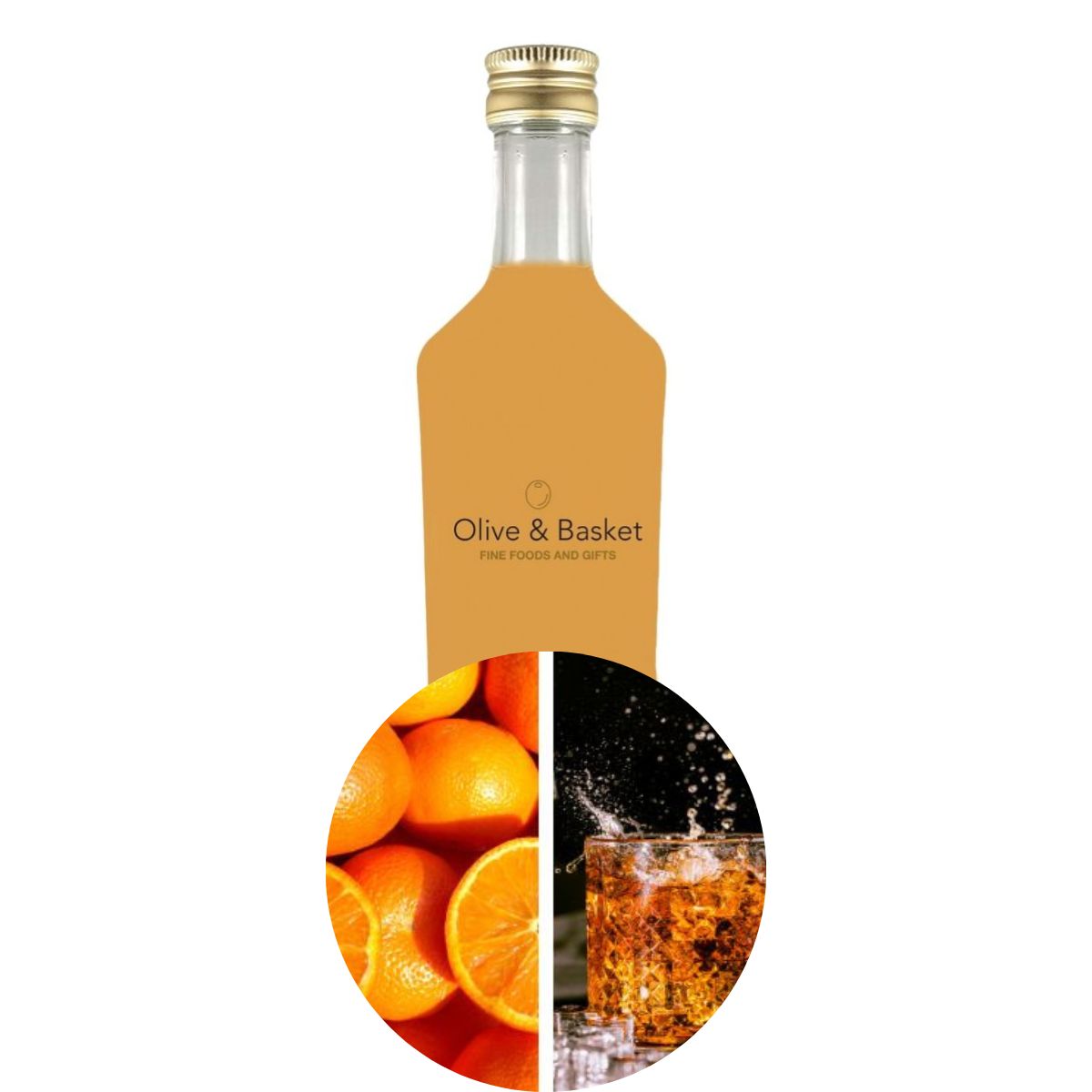Bottle of Olive & Basket product with images of oranges and a glass of juice below.